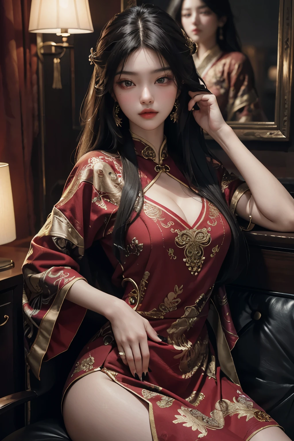 A girl with layered hair, captivatingly looking at the viewer with her narrowing eyes. Her full lips painted in a bold shade of red, exuding a sense of allure. Adorned in the Wangjiawei style, Ultra-high Clarity--AR 3:4--S2, reveals every intricate detail of her features. Her expression, a mysterious allure, as if she's sharing a secret.
