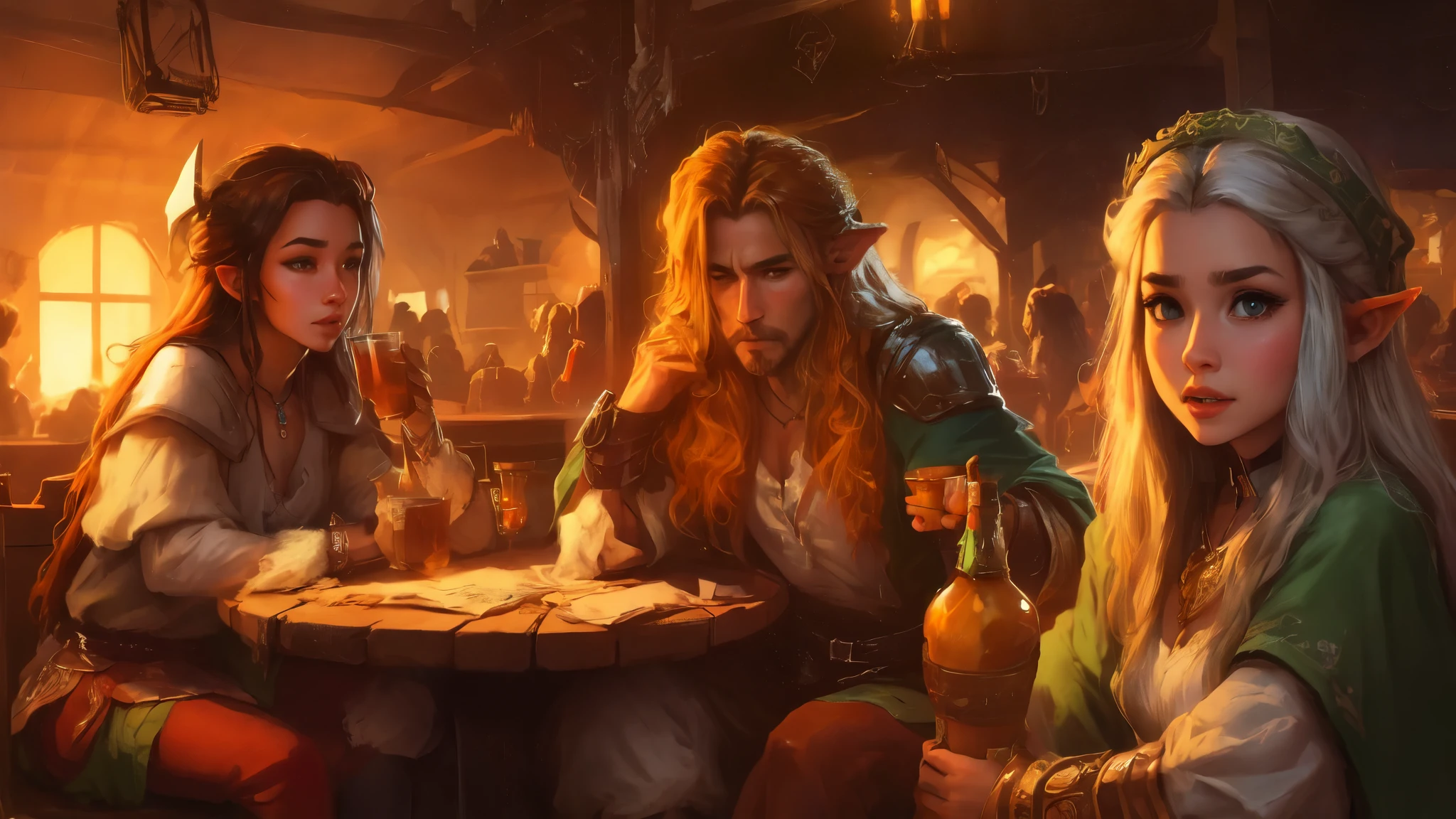 The situation in the tavern: a handsome elf man with long hair is sitting and drinking ale, against the background of three girls looking at him with loving eyes, admiration, infatuation