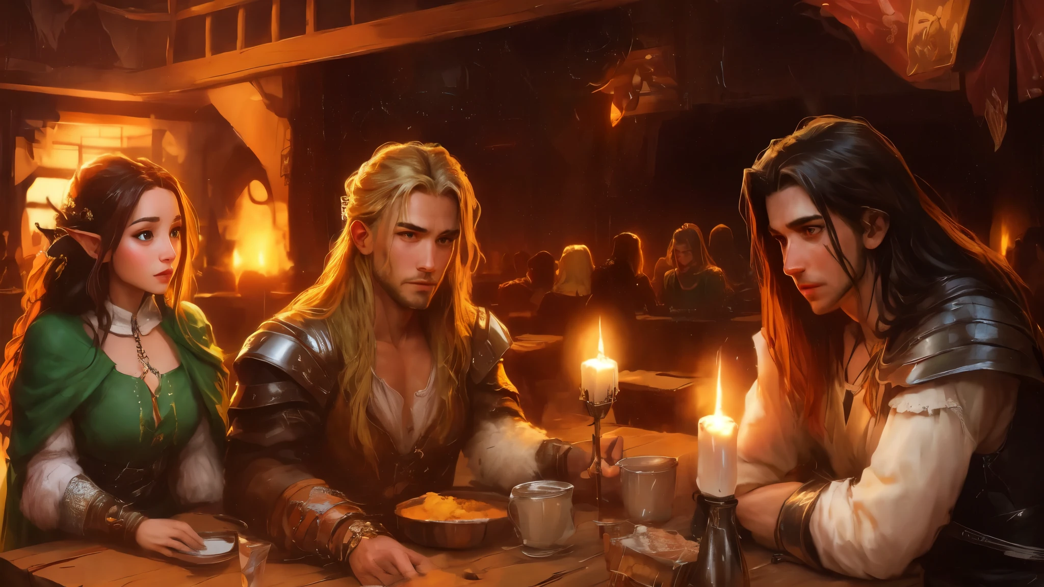 The situation in the tavern: a handsome elf man with long hair is sitting and drinking ale, against the background of three girls looking at him with loving eyes, admiration, infatuation