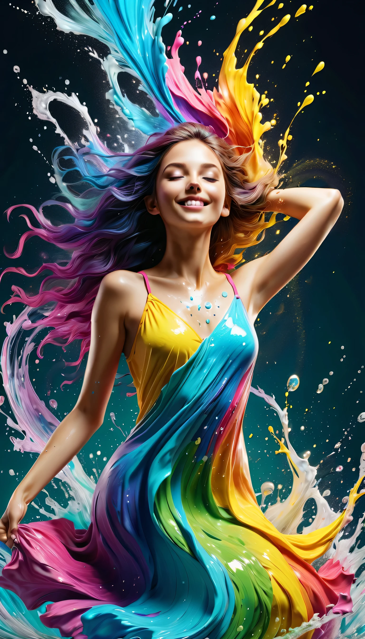 Expressing the flow of ink dancing in the wind,water effects,colorful water,goddess:govern the arts:Manipulating water:rich hair:sleeoing:perfect face:beautiful:17 years old:healthy,Ink splash,Sparkling,Bright colors,light reflection,rich colors,abstract,3D,8K,High resolution,masterpiece,high quality,Detailed details,Colors of the rainbow,laugh mischievously,tricky,design,fun,bright colors,splash of water,invite you to the world of art,wonderful,dim background