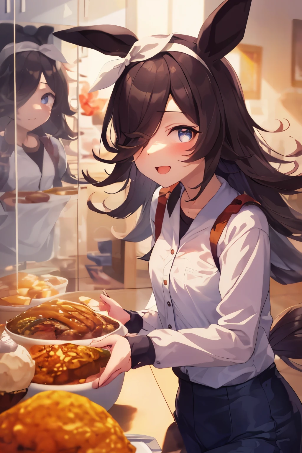 (table top.highest quality).(dynamic angle). (CG painting with very impressive details),(perfect image)、comic strip.figure.1 girl.detailed face、perfect face.delicate face、girl wearing a delicate uniform、rough skin、black hair.length、(Umamimi girl)Umamimi girl、((beautiful blue eyes)).delicate and beautiful eyes、detailed eyes、Reflected eyes、smile.(look at the viewer:1.3).(face is a little red:0.8)、8k wallpaper、cowboy shot、reflected light、most detailed、Complex、delicate background、rough skin、fine skin、(super resolution)、wearing a uniform