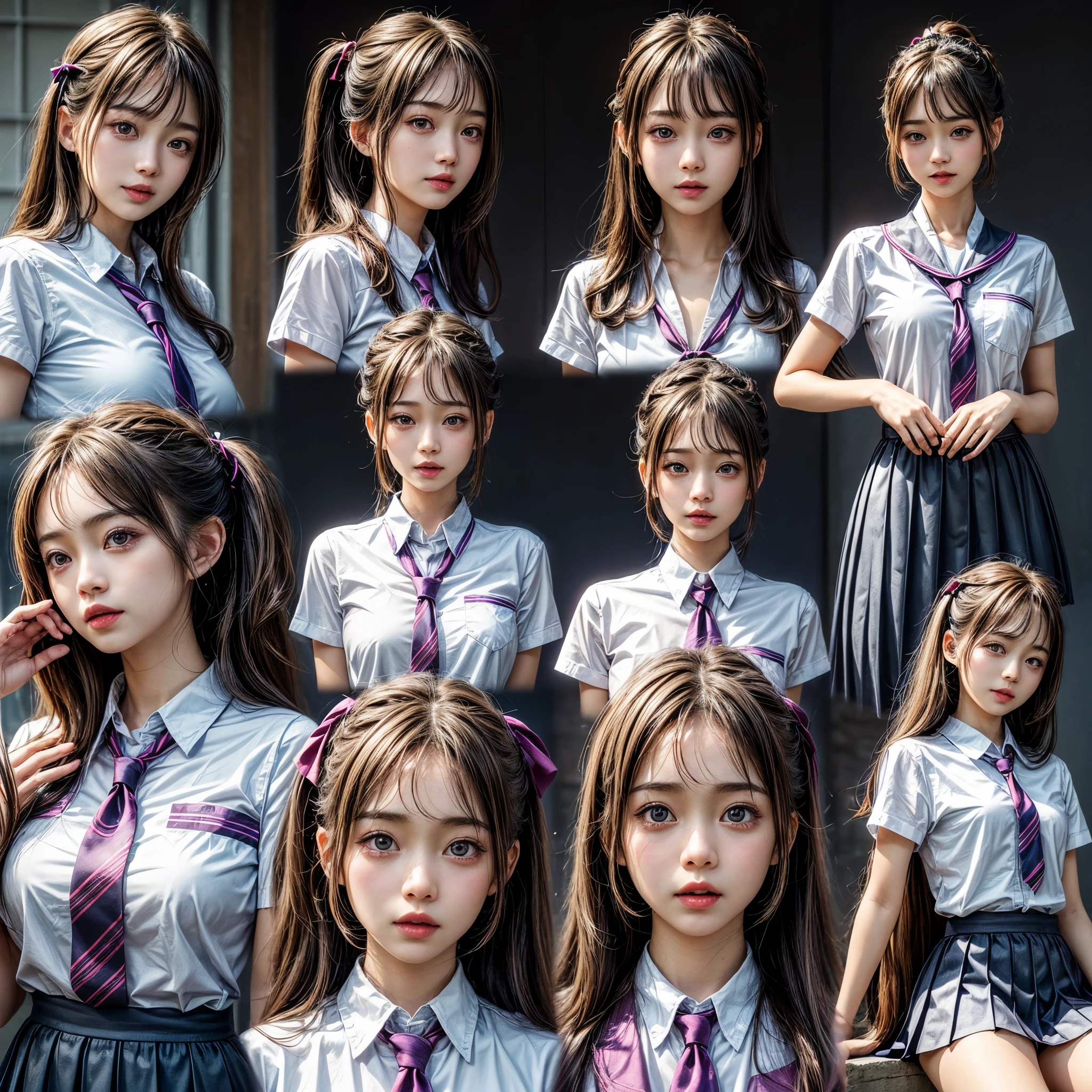 (((1 KAWAII girl, 9 grids, 9 poses and expressions, different emotions))) . Extremely Detailed KAWAII face, School Uniform ,