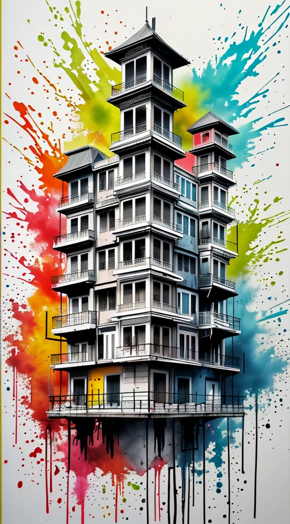 ink splash, paint splatter, building, panoramic, Ultra high saturation, (best quality, masterpiece, Representative work, official art, Professional, 8k)