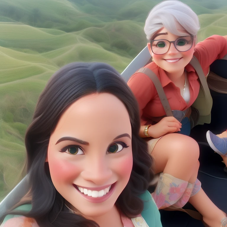 there are two women riding a gondola, 3 45 year old Brazilian mother, cabelos curto,  Mulher de 30 anos de Cuba, by Fernando Gerassi, In the sky, malika favre, looks like fabiula nascimento, powder Nándor Katona, view from helicopter, com montanhas ao fundo, por Willian Murai