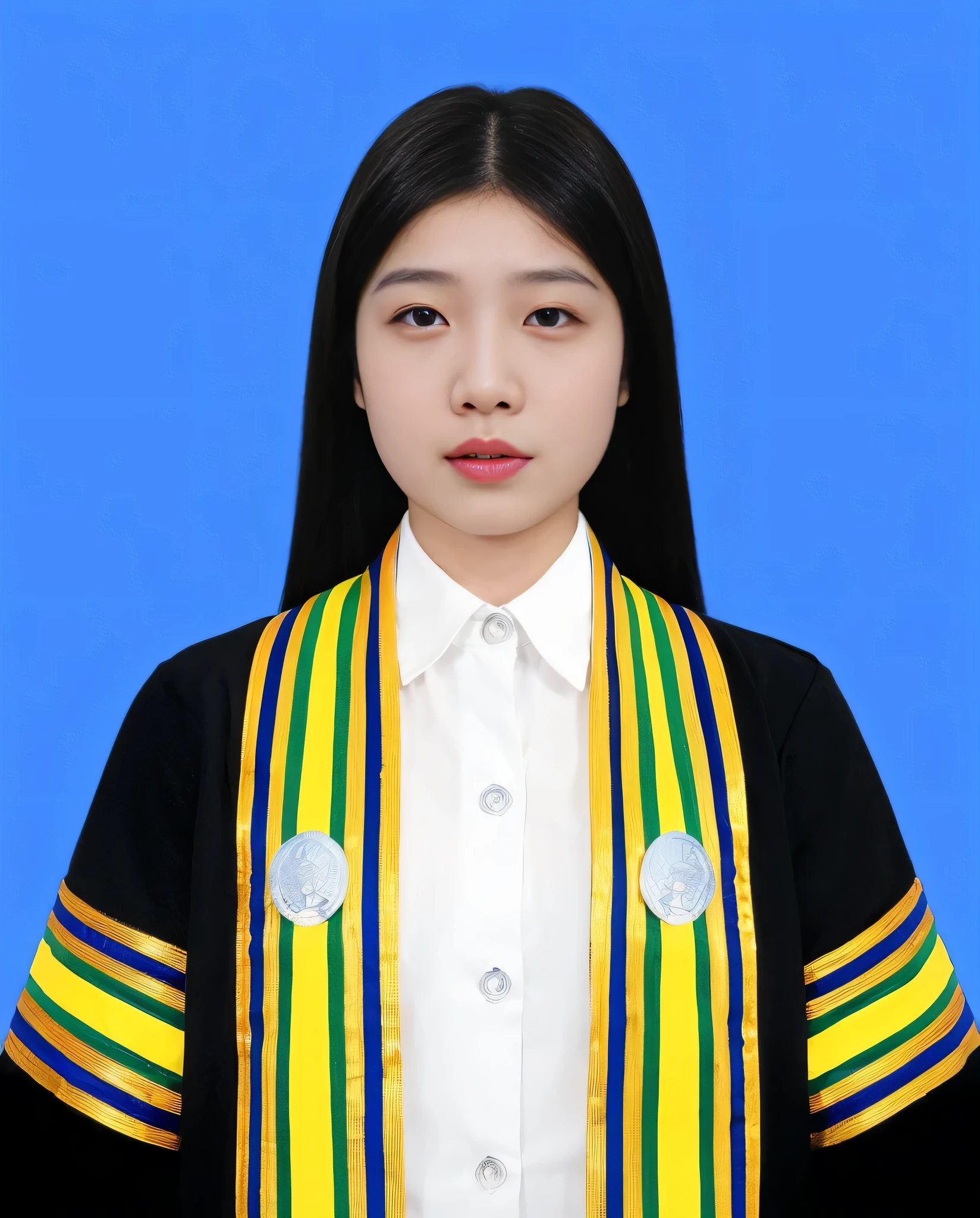 arafed woman in a graduation gown with a blue background, wearing an academic gown, nivanh chanthara, yun ling, graduation photo, li zixin, lei min, xision wu, nuttavut baiphowongse, pengzhen zhang, gongbi, phong yintion j - jiang geping
