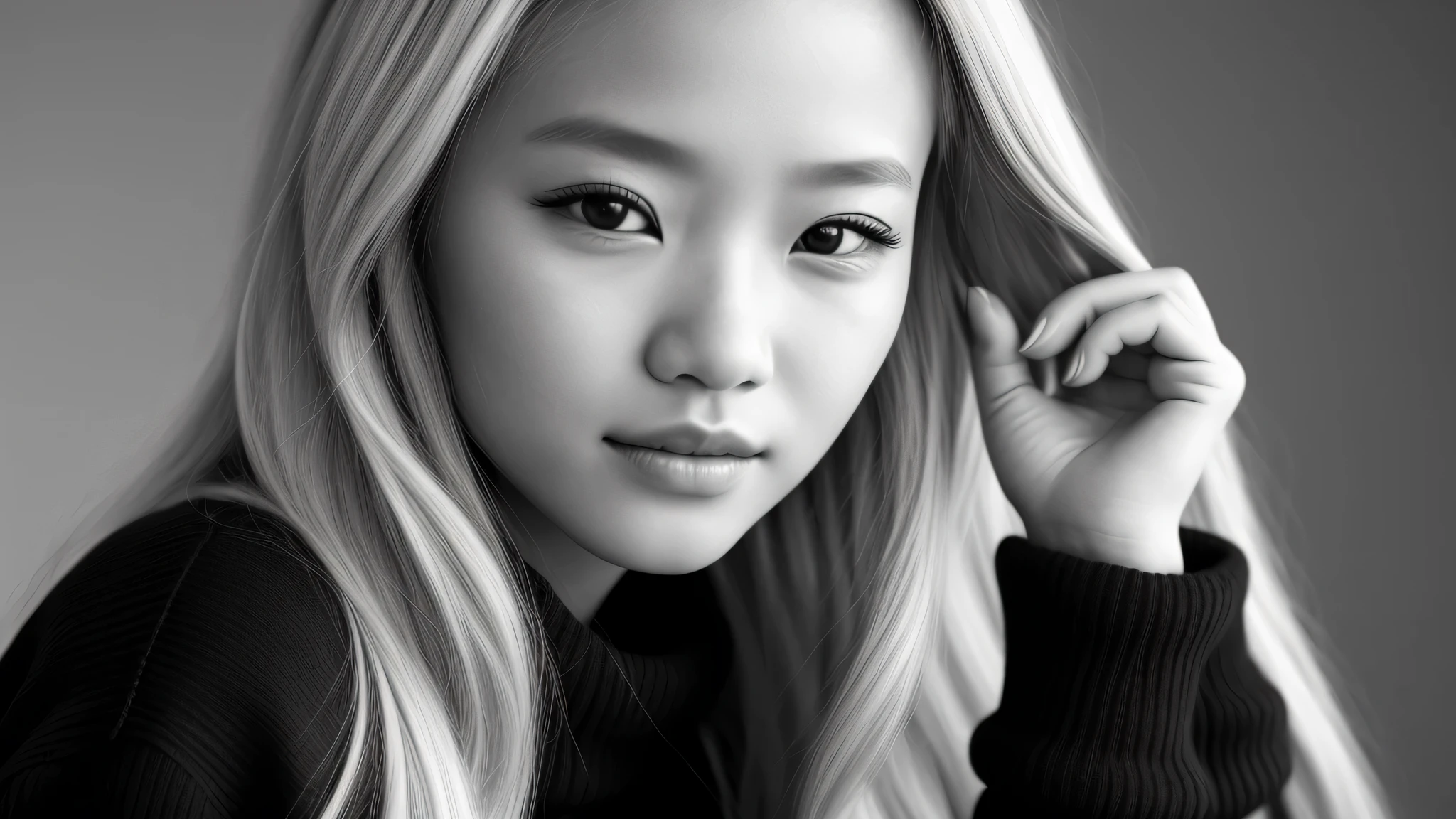 black and white photo of a young girl kids blonde with a sweater on and glass, portrait black and white, close up portrait photo, black and white portrait, 1 3 5 mm nikon portrait, beautiful portrait photo, studio potrait, taejune kim, seseon yoon, jaeyeon nam, gorgeous young model, editorial portrait, high detail portrait photo,