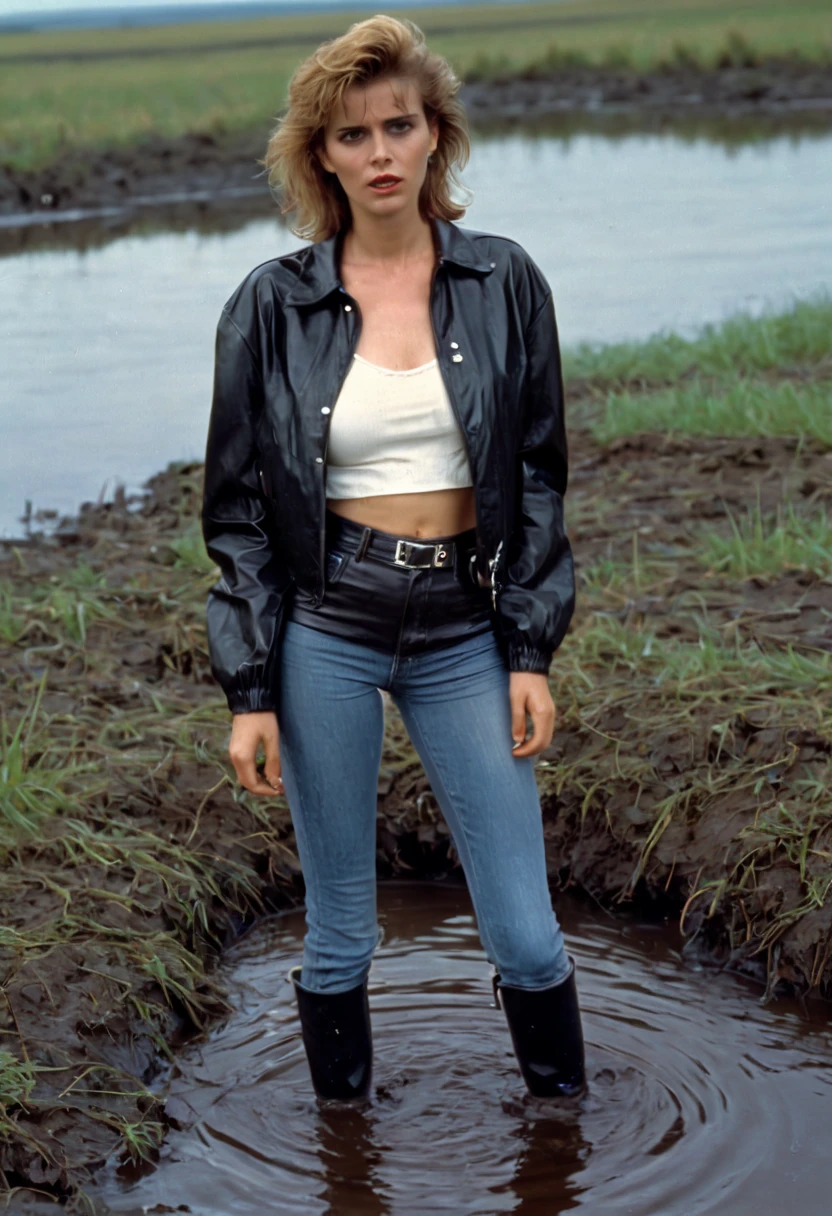 80s setting, film photo of vulnerable shy woman in wet worn-out high waist  jeans and leather jacket and blouse drowning in bog and demonstrate her sexual perversion