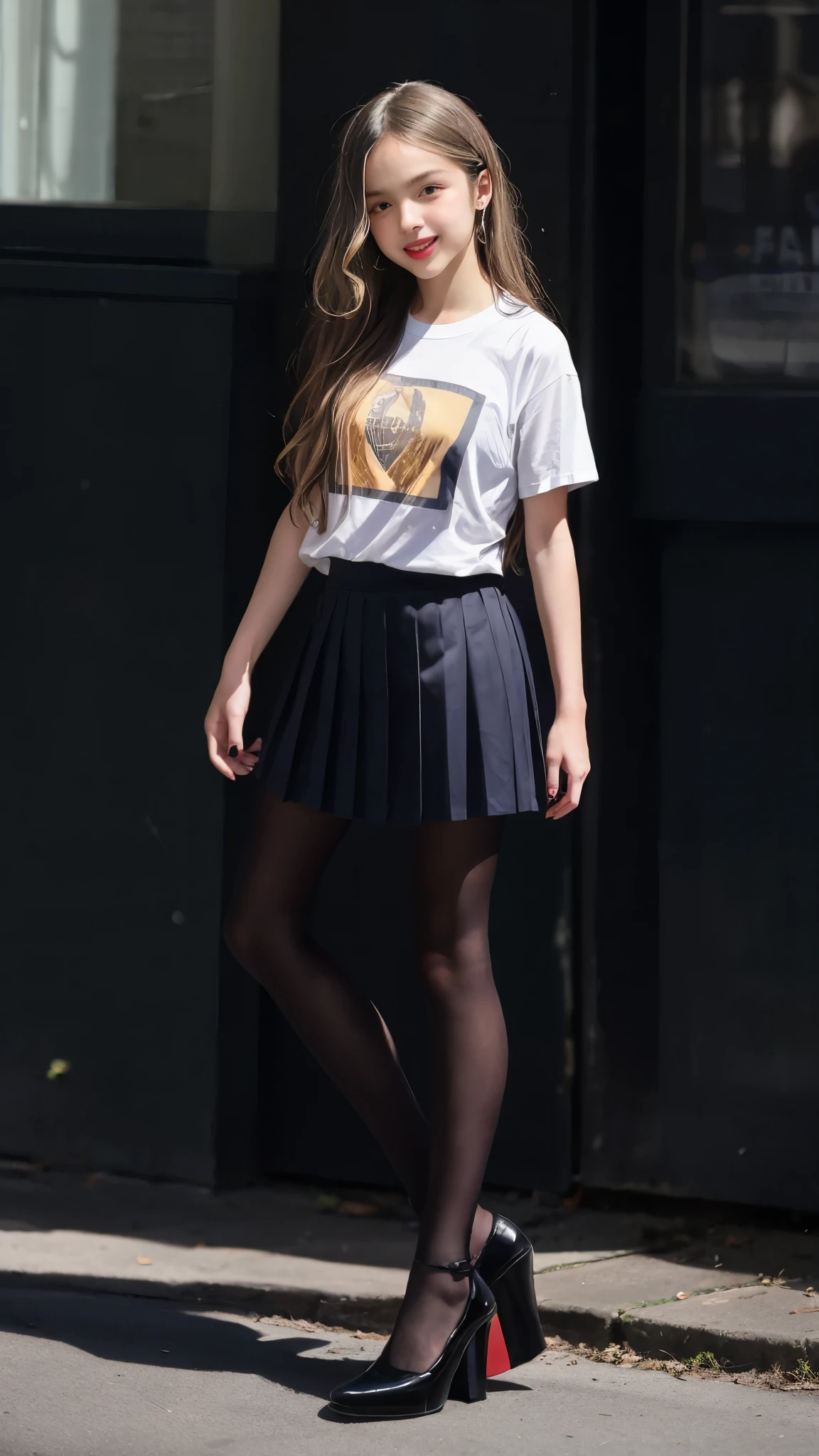 Olivia Rodrigo , blonde, long hair: 1.6, t-shirt, pleated skirt, pantyhose, high heels, small breasts, fair skin, photorealistic