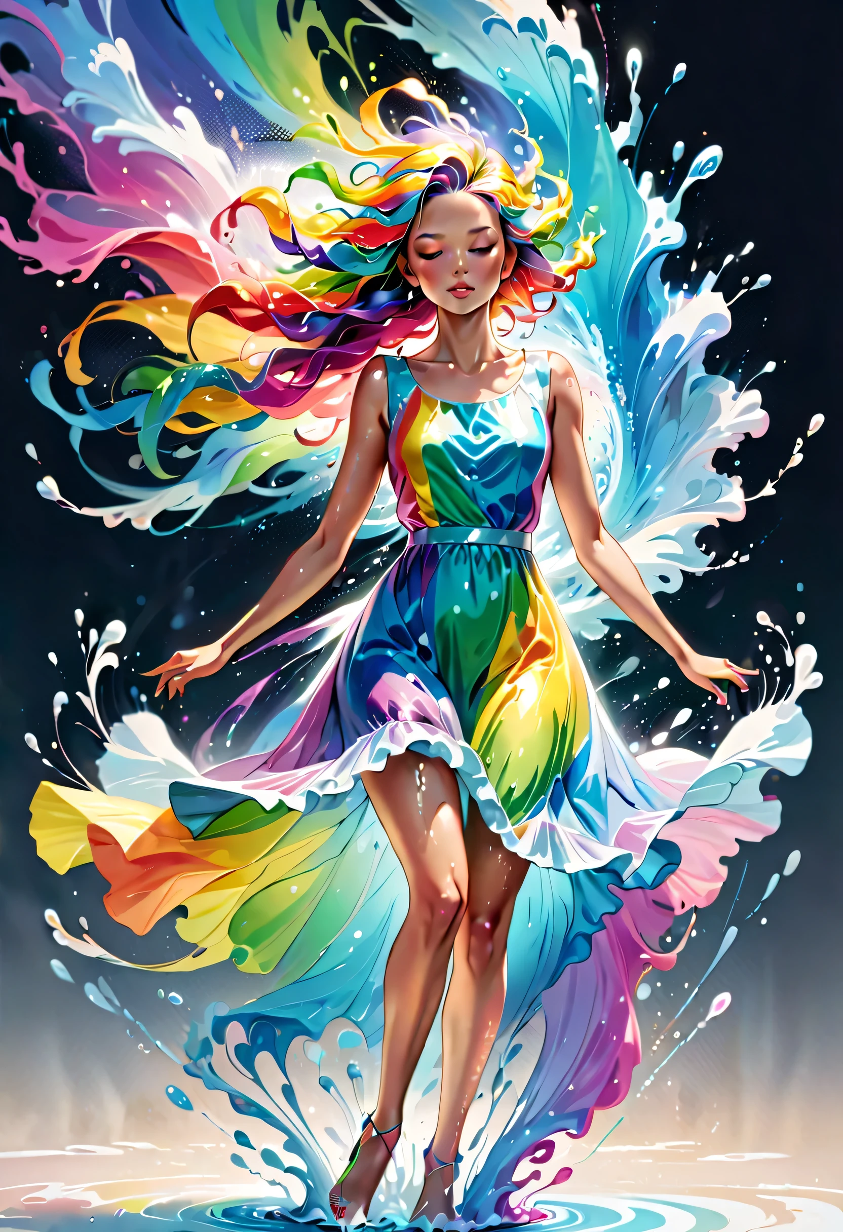 Expressing the flow of ink dancing in the wind,water effects,colorful water,goddess:govern the arts:Manipulating water:rich hair:perfect face:beautiful:wearing a rainbow colored dress:elegant:Knee-length dresses,Ink splash,Bright colors,light reflection,rich colors,abstract,3D,8K,High resolution,masterpiece,high quality,Detailed details,Colors of the rainbow,Naughty,tricky,design,fun,bright colors,splash of water,invite you to the world of art,dim background,Ink Spreads