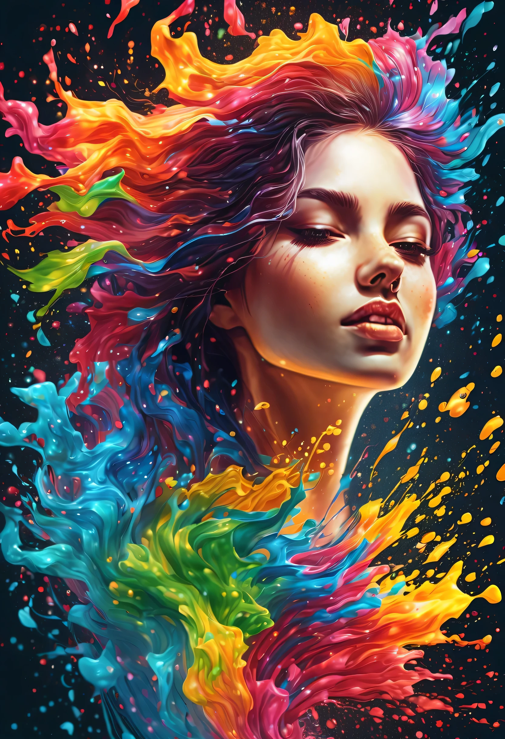 Expressing the flow of ink dancing in the wind,water effects,colorful water,goddess:govern the arts:Manipulating water:rich hair:sleeoing:perfect face:beautiful::healthy,Ink splash,Sparkling,Bright colors,light reflection,rich colors,abstract,3D,8K,High resolution,masterpiece,high quality,Detailed details,Colors of the rainbow,laugh mischievously,tricky,design,fun,bright colors,splash of water,invite you to the world of art,black background