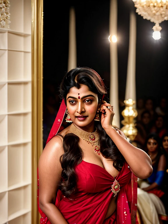 Looks like Indian Actress Anu Sithara, a close up of a woman in a red dress on a runway, inspired by Avigdor Arikha, sleek!!!, indian super model, wavy hair combed to one side, actress, by Jitish Kallat, smoldering, intense smoldering, fashion, an angel, print ready, with a dramatic looking, inspired by Sudip Roy, tense look