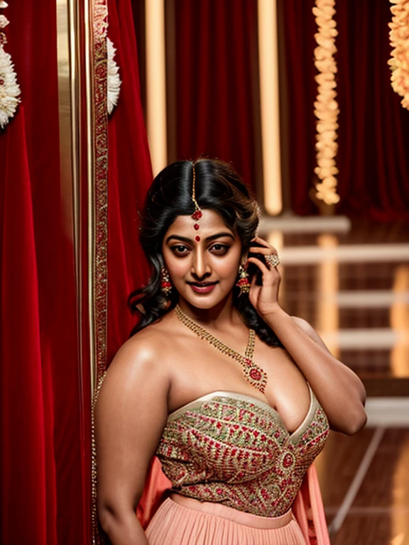 Looks like Indian Actress Anu Sithara, a close up of a woman in a red dress on a runway, inspired by Avigdor Arikha, sleek!!!, indian super model, wavy hair combed to one side, actress, by Jitish Kallat, smoldering, intense smoldering, fashion, an angel, print ready, with a dramatic looking, inspired by Sudip Roy, tense look