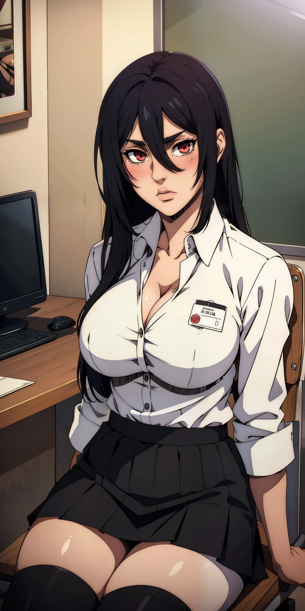 mikasa, 1girl, solo, ((white shirt)), black thighhighs, breasts, cleavage, uniform, office background, black skirt, pleated skirt, office, hair between eyes, hair ornament, large breasts, long hair, looking at viewer, silver hair, silver short nails, red eyes, solo, thighhighs, thighs, very long hair, ((masterpiece)), sitting, chair, desk, computer on desk, name tag, id tag, indoor, blush, sexy pose, hands behind,
