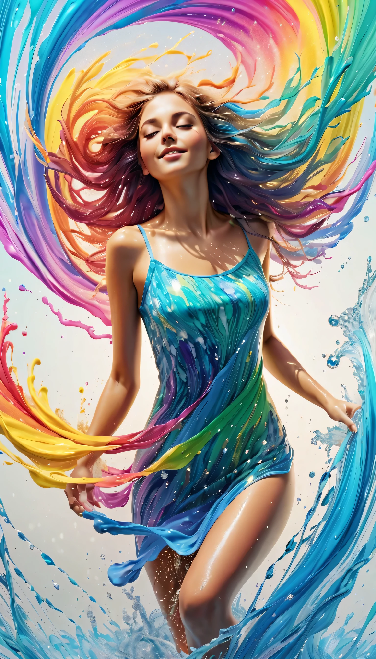 Expressing the flow of ink dancing in the wind,water effects,colorful water,goddess:govern the arts:Manipulating water:rich hair:sleeoing:perfect face:beautiful:17 years old:healthy,Ink splash,Sparkling,Bright colors,light reflection,rich colors,abstract,3D,8K,High resolution,masterpiece,high quality,Detailed details,Colors of the rainbow,laugh mischievously,tricky,design,fun,bright colors,splash of water,invite you to the world of art