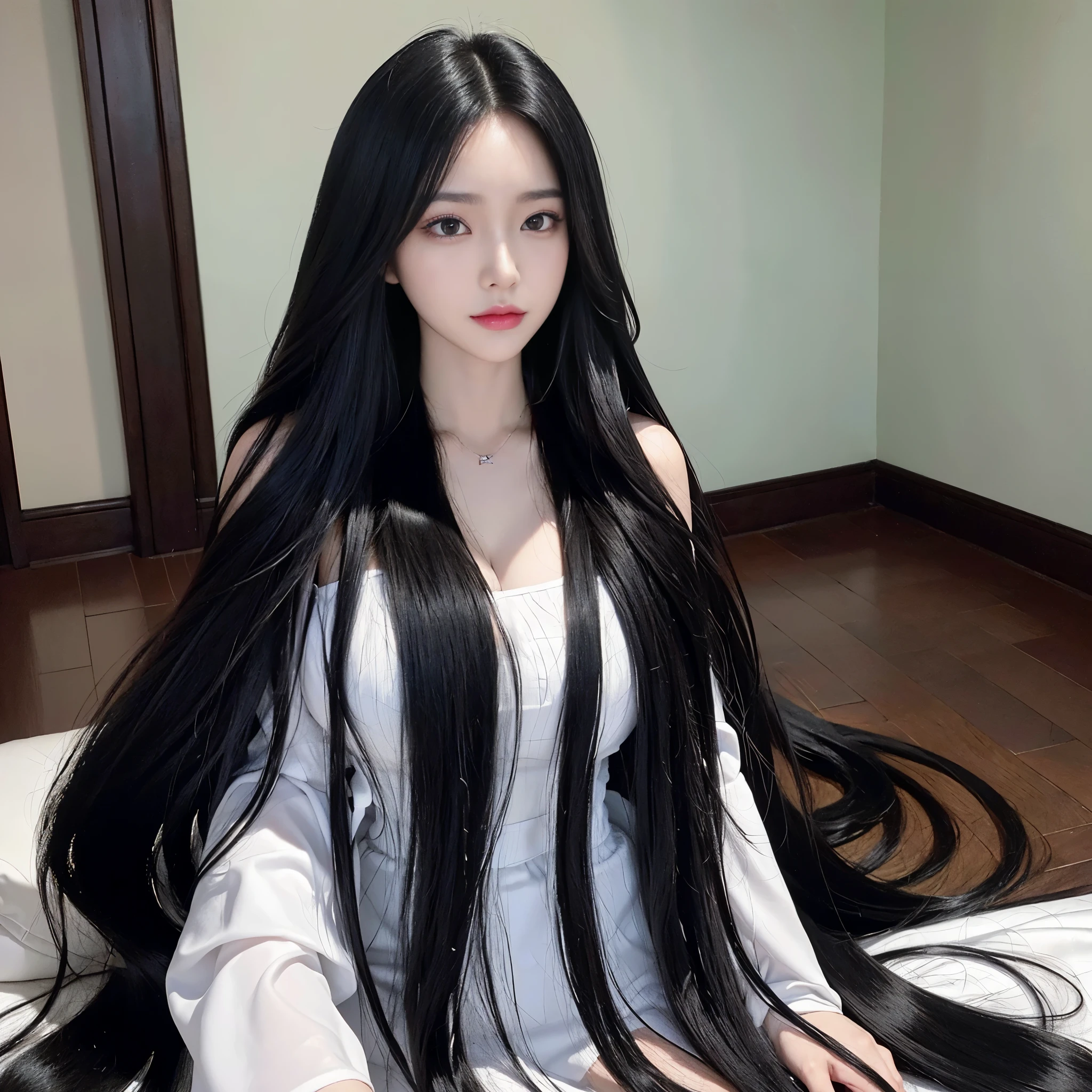 (best image quality、highest quality、highest resolution、Ultra-realistic photography、full body photo、masterpiece、16ｋ、）10 girls、Surprisingly long black hair is super beautiful、hair length about 3 meters、white underwear or naked、Hide the whole body with straight black hair、very beautiful face、well-groomed beautiful black hair、very large amount of hair、Ultra-long black hair with an emphasis on sex appeal as a woman、slim body shape、Lustrous beautiful hair、bright lighting、professional lighting、World long hair contest winner、full body real photo、head to toe photo、Photographed from approximately 4 meters away、super real、both hands、2 feet、The longest black hair in the world、Hair is heavy and tired、Hair longer than Rapunzel、very large amount of hair、I hide my whole body with very long black hair、Hair that is shampooed every day is very clean、Hair smells of roses、Very long black hair is my sex appeal、Very long black hair is my charm、Long black hair is a symbol of beauty、My pride is very long black hair、This long hair length and amount is admired all over the world、My very long black hair is spread out in a fan shape、looking back、sleep on your stomach、Silky black hair flowing from the shoulders to the floor、Ridiculously large amount of hair、The hair is ridiculously bushy、Wrap the entire bed in hair、Hide your hands with long hair、Hide your fingers with long hair、A storm of angry black hair that seems to overflow from the screen、