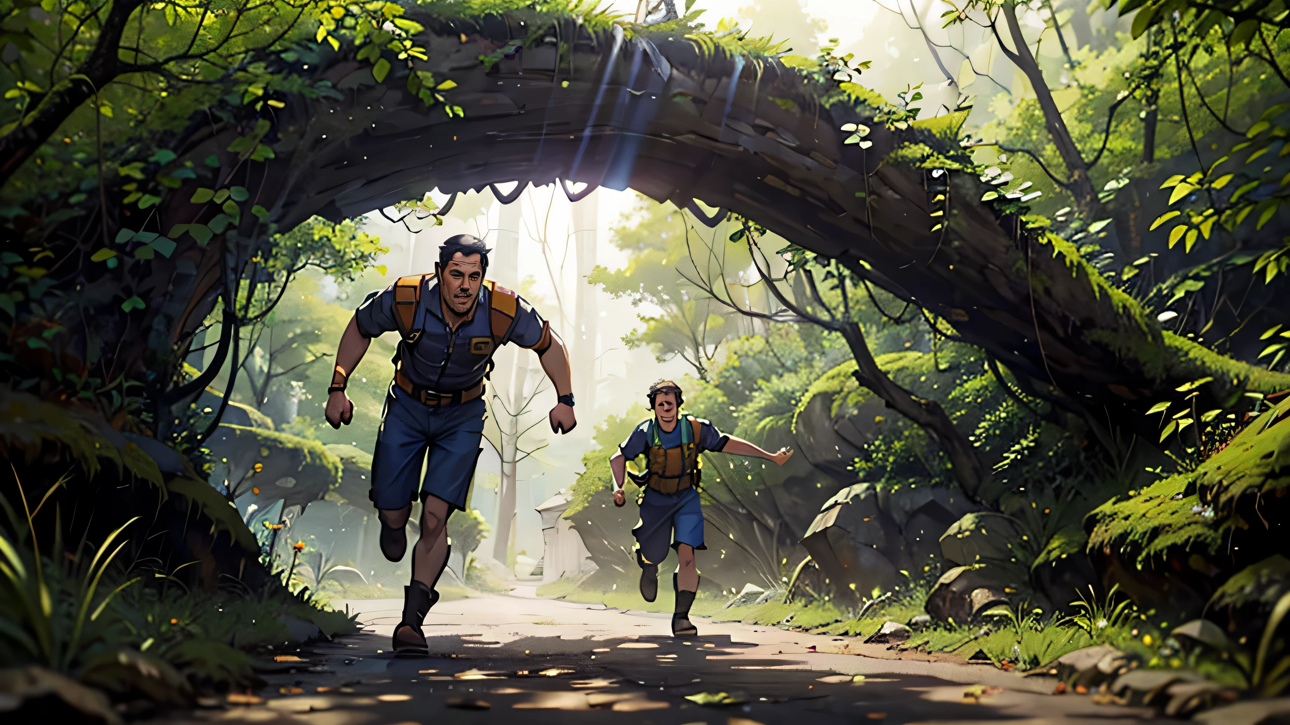 Um homem com roupas de camping, black boots and pants, camisa longa verde escura e mochila azul, running away down a trail in a tall forest with dense trees and sunlight shining through the forest.
