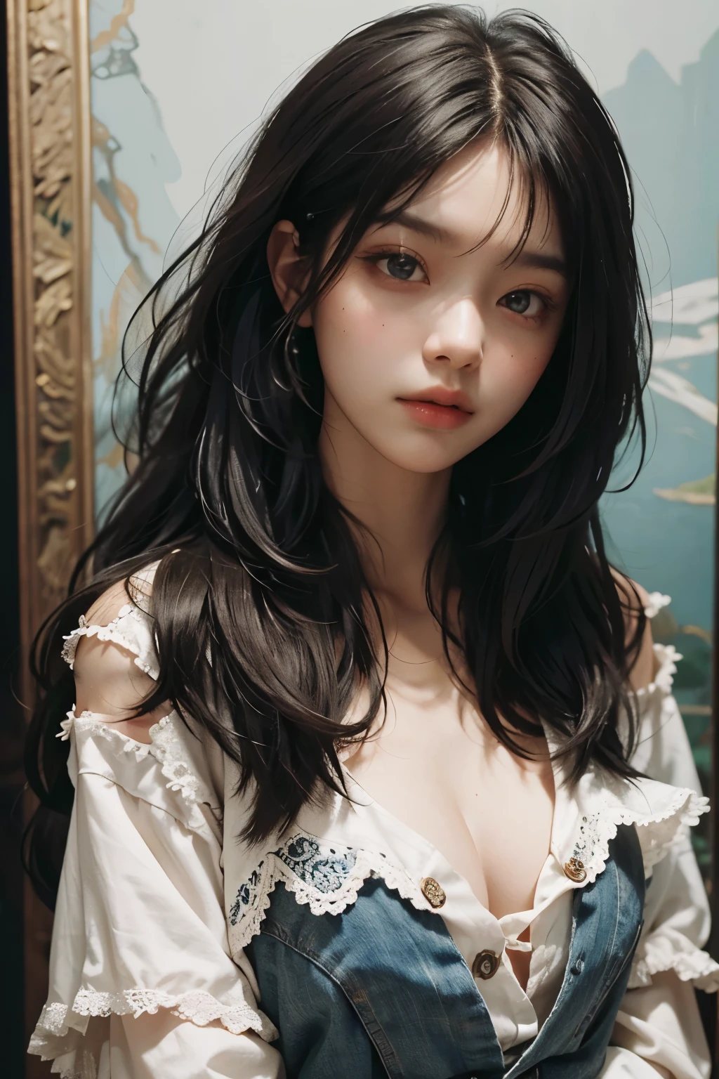 A girl with layered hair and captivating eyes that seem to hold a deep emotion is depicted in this image. Her expressive lips are slightly parted, adding to her allure. This masterpiece, inspired by the Wangjiawei style, showcases Ultra-high Clarity with an aspect ratio of 3:4 --s2. Each strand of her hair is meticulously rendered, and her features are illustrated with such detail that they appear almost lifelike. The rich colors and textures bring the painting to life, making it a breathtaking addition to any collection.