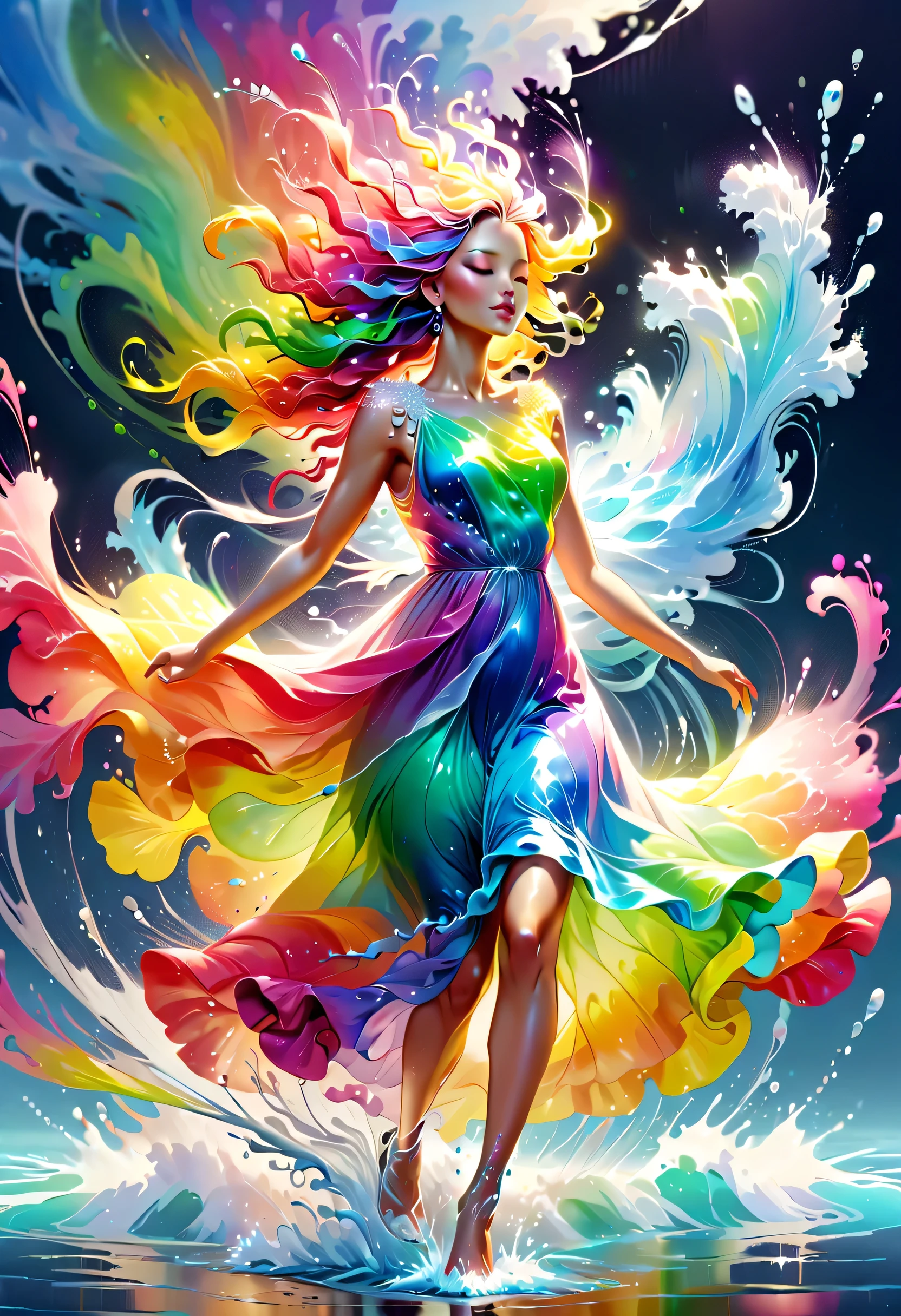 Expressing the flow of ink dancing in the wind,water effects,colorful water,goddess:govern the arts:Manipulating water:rich hair:perfect face:beautiful:wearing a rainbow colored dress:elegant:Knee-length dresses,Ink splash,Bright colors,light reflection,rich colors,abstract,3D,8K,High resolution,masterpiece,high quality,Detailed details,Colors of the rainbow,Naughty,tricky,design,fun,bright colors,splash of water,invite you to the world of art