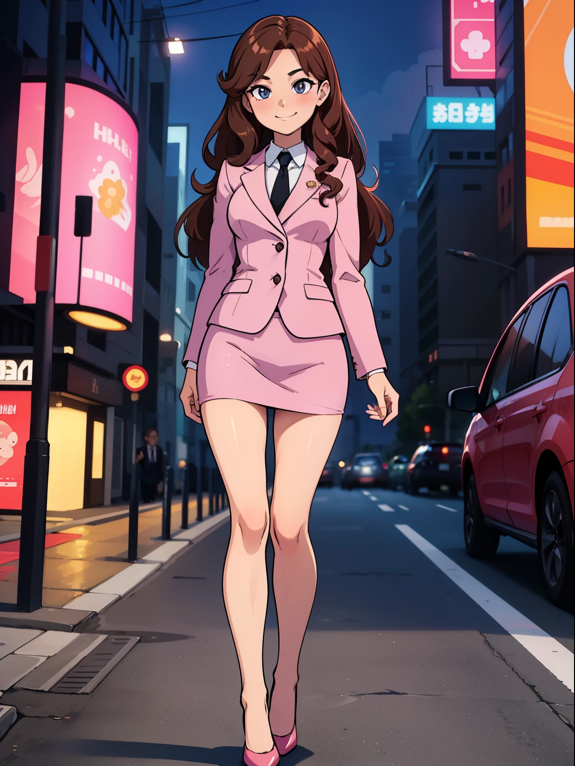 ((masterpiece)), ((best quality)), ((highres)), 1girl, solo, reporter, bare legs, looking at viewer, light particles, city backdrop, perfect hands, perfect eyes, perfect legs, perfect arms, perfect fingers, medium breasts, standing, brown hair, long hair, curly hair, black high heels, hazel eyes, cute face, hair down, smirk, pink suit and tie, pink miniskirt, pink pencil skirt, comma hair, forehead comma hair, beautiful detailed eyes, full body shot