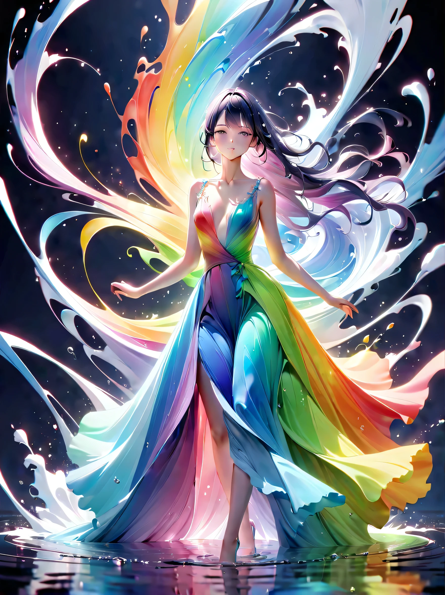 Expressing the flow of ink dancing in the wind,water effects,colorful water,goddess:govern the arts:Manipulating water:rich hair:perfect face:beautiful:wearing a rainbow colored dress:elegant:Knee-length dresses,Ink splash,Bright colors,light reflection,rich colors,abstract,3D,8K,High resolution,masterpiece,high quality,Detailed details,Colors of the rainbow,Naughty,tricky,design,fun,bright colors,splash of water,invite you to the world of art