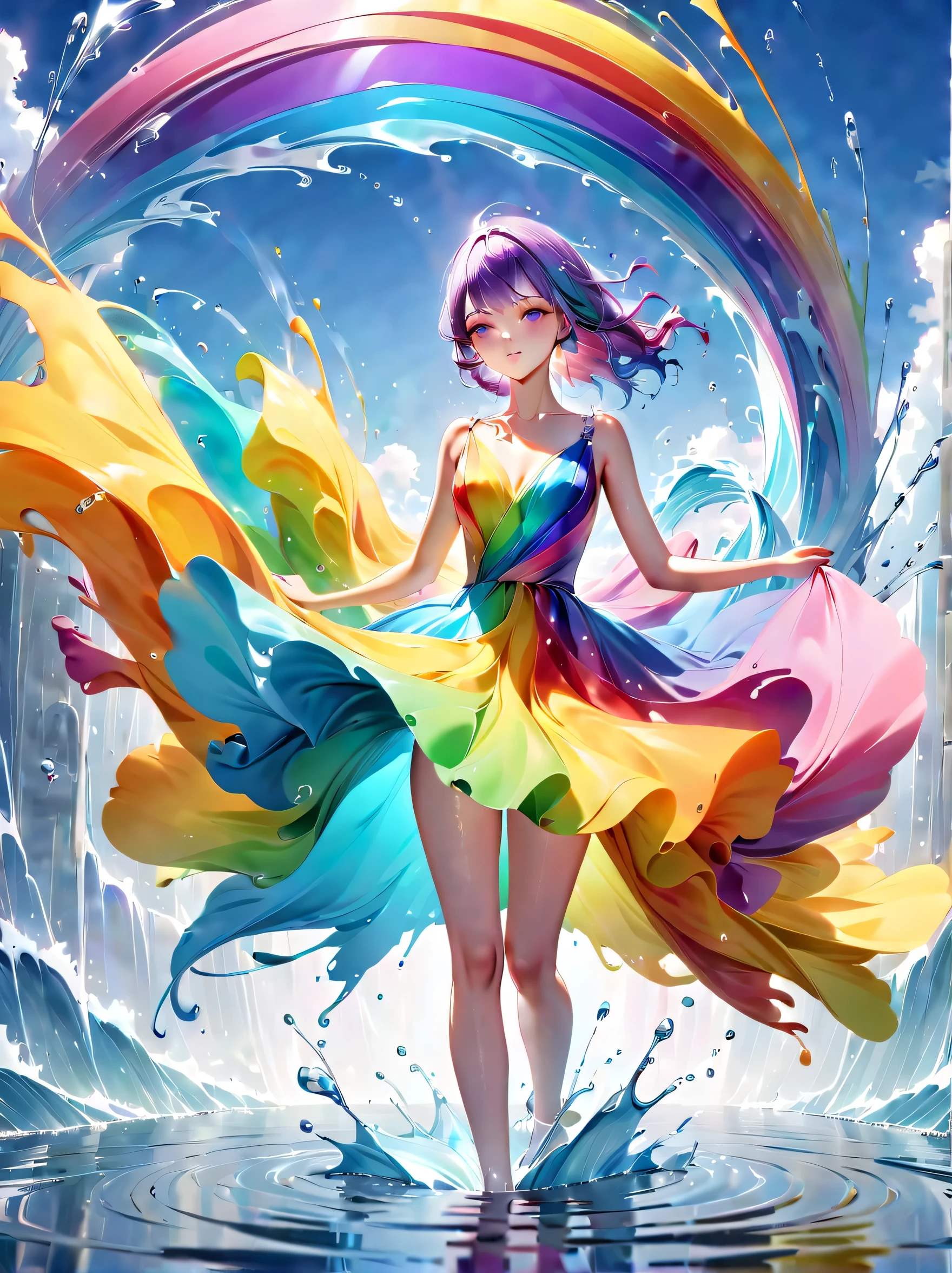 Expressing the flow of ink dancing in the wind,water effects,colorful water,goddess:govern the arts:Manipulating water:rich hair:perfect face:beautiful:wearing a rainbow colored dress:elegant:Knee-length dresses,Ink splash,Bright colors,light reflection,rich colors,abstract,3D,8K,High resolution,masterpiece,high quality,Detailed details,Colors of the rainbow,Naughty,tricky,design,fun,bright colors,splash of water,invite you to the world of art