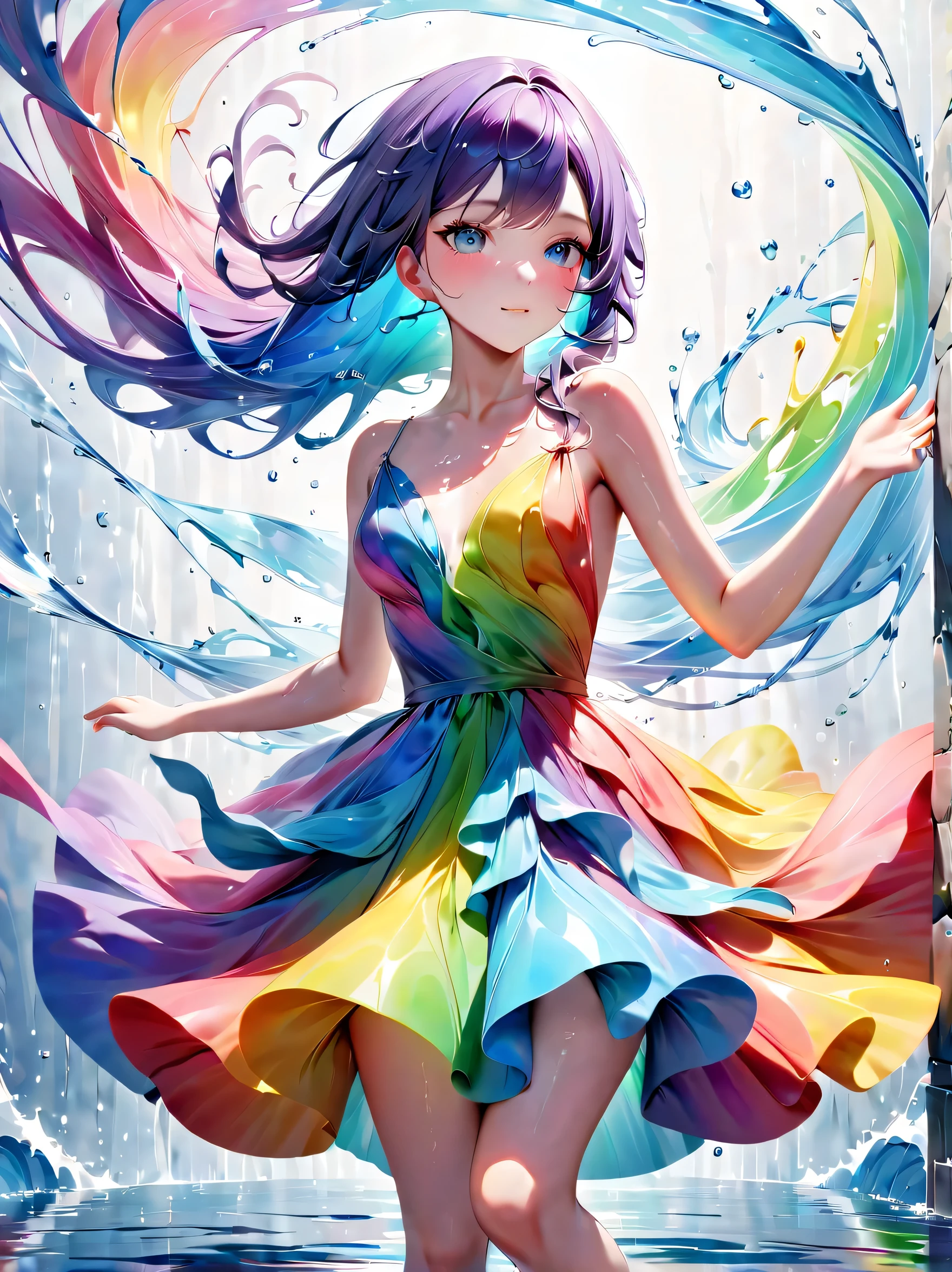 Expressing the flow of ink dancing in the wind,water effects,colorful water,goddess:govern the arts:Manipulating water:rich hair:perfect face:beautiful:wearing a rainbow colored dress:elegant:Knee-length dresses,Ink splash,Bright colors,light reflection,rich colors,abstract,3D,8K,High resolution,masterpiece,high quality,Detailed details,Colors of the rainbow,Naughty,tricky,design,fun,bright colors,splash of water,invite you to the world of art