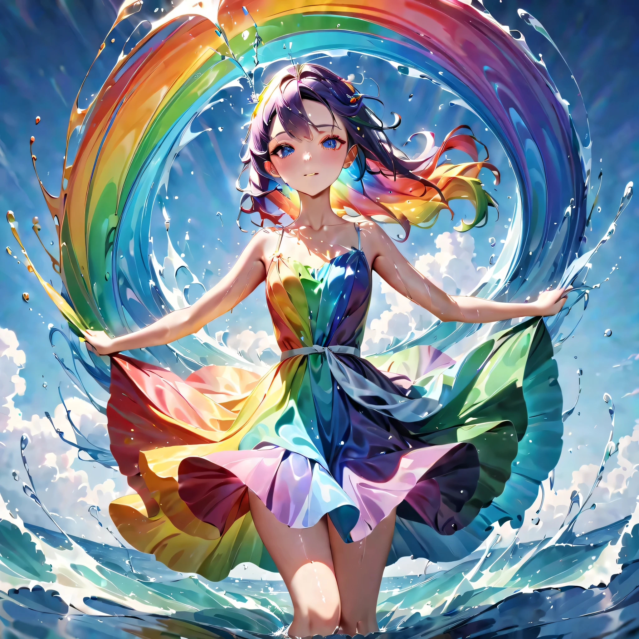 Expressing the flow of ink dancing in the wind,water effects,colorful water,goddess:govern the arts:Manipulating water:rich hair:perfect face:beautiful:wearing a rainbow colored dress:elegant:Knee-length dresses,splash,Bright colors,light reflection,rich colors,abstract,3D,8K,High resolution,masterpiece,high quality,Detailed details,Colors of the rainbow,Naughty,tricky,design,fun,bright colors,splash of water,invite you to the world of art