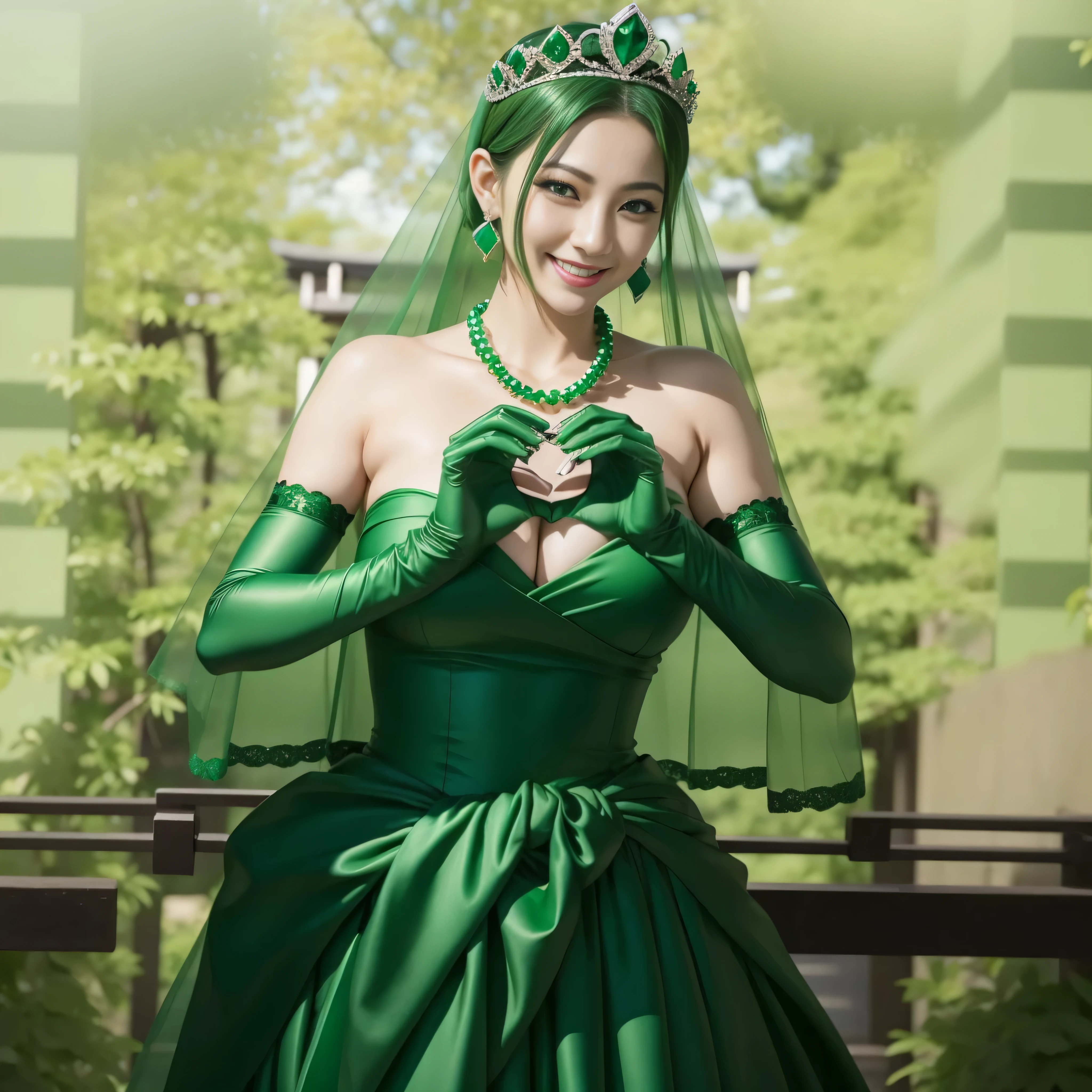 emerald tiara, green pearl necklace, ボーイッシュな非常に短いgreen hair, lipstick, smiling Japanese woman, very short hair,  Beauty with large breasts, green eyes, Long Green Satin Gloves, green eyes, emerald earrings, green veil, heart with both hands, green hair, Beautiful Japan woman in her 30s, heart shaped hand:1.3