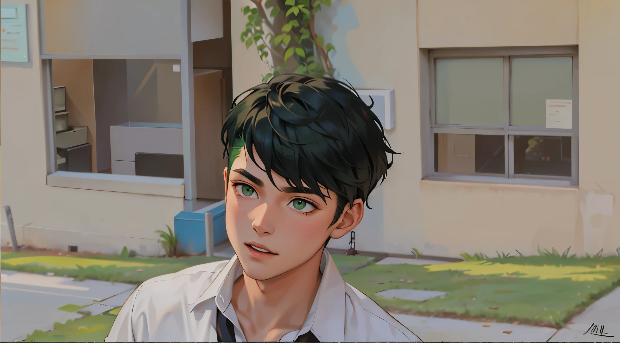 The young man is , green hair, green eyes, and he asks his friend to leave him alone, he talks to him with his mouth open.