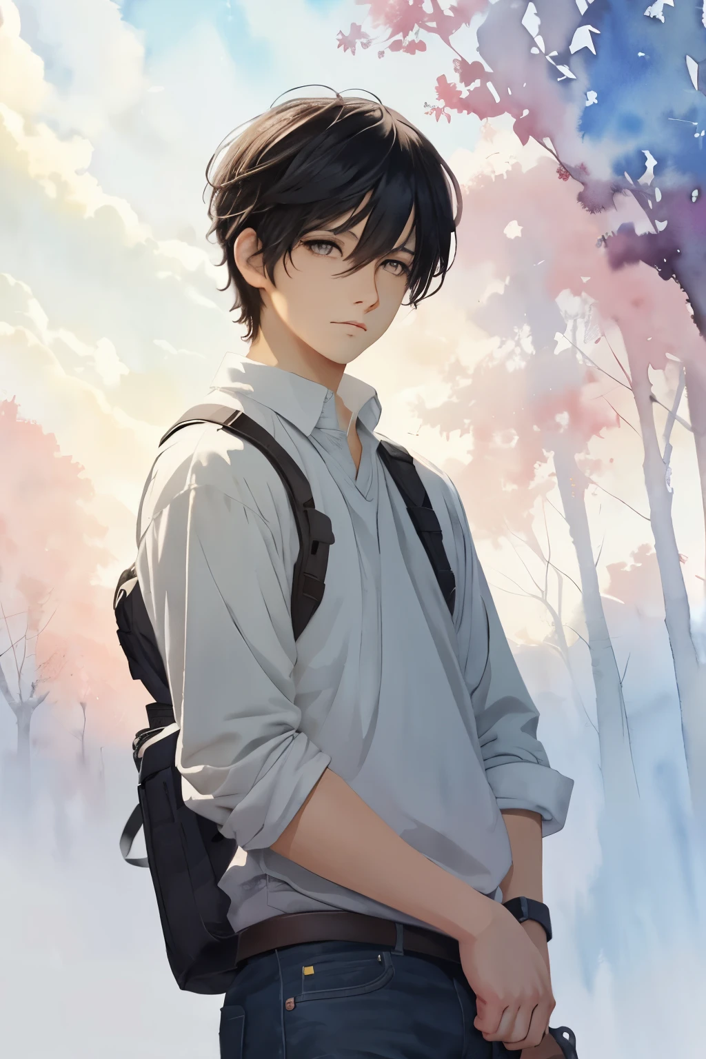 masterpiece, best quality, game cg, 1boy, solo, male focus, looking at viewer, , , (watercolor illustration, soft pastel colors:1.1), , , black hair,black eyes, , , , 4k resolution