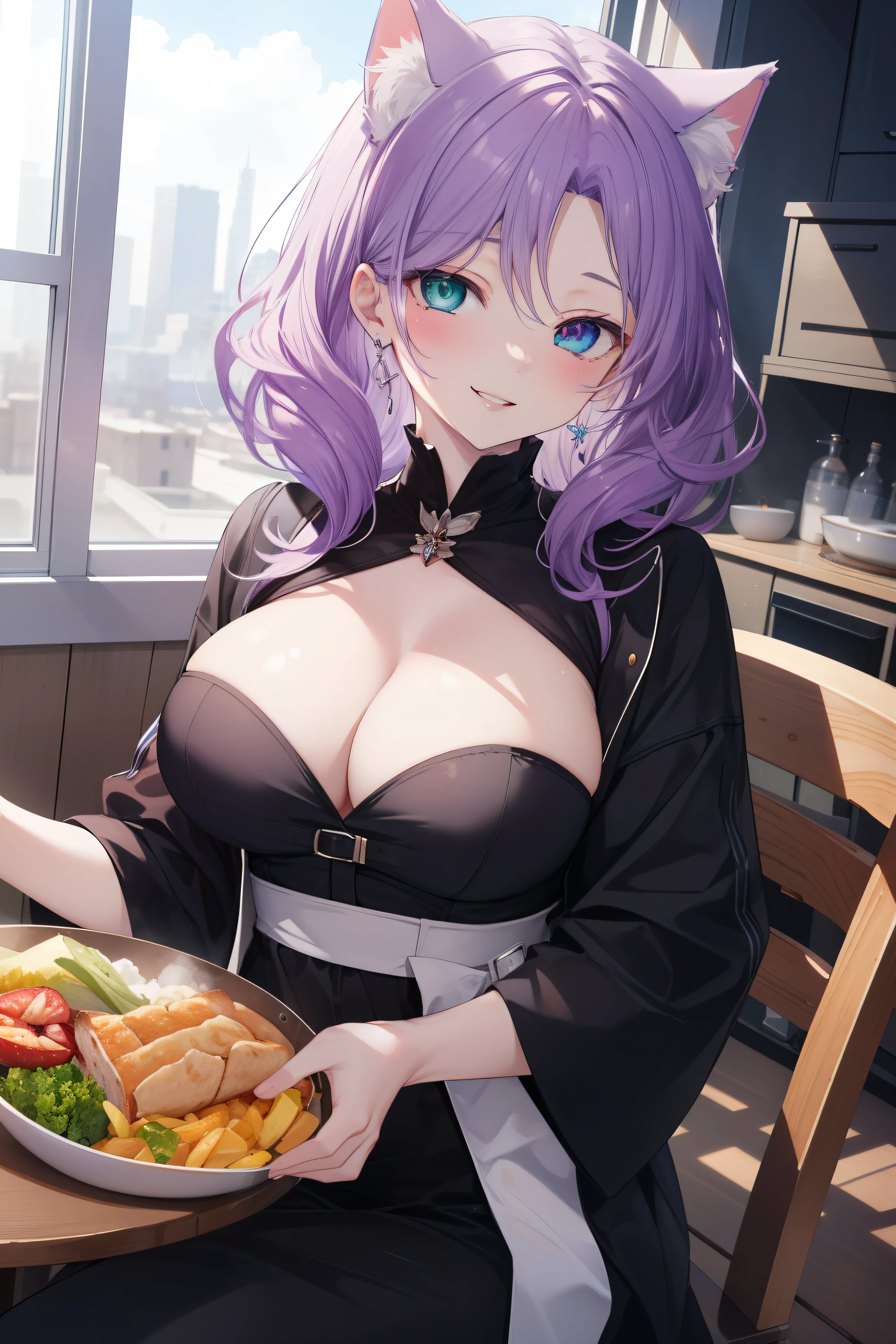 ((masterpiece)), ((best quality)), ((8K)), high resolution, 1girl, cat ears, pale skin, large breasts, heterochromia, aqua eyes, purple hair, curly hair, forehead, lunch, half closed eyes, teeth, smile, mechanic, fantasy,
