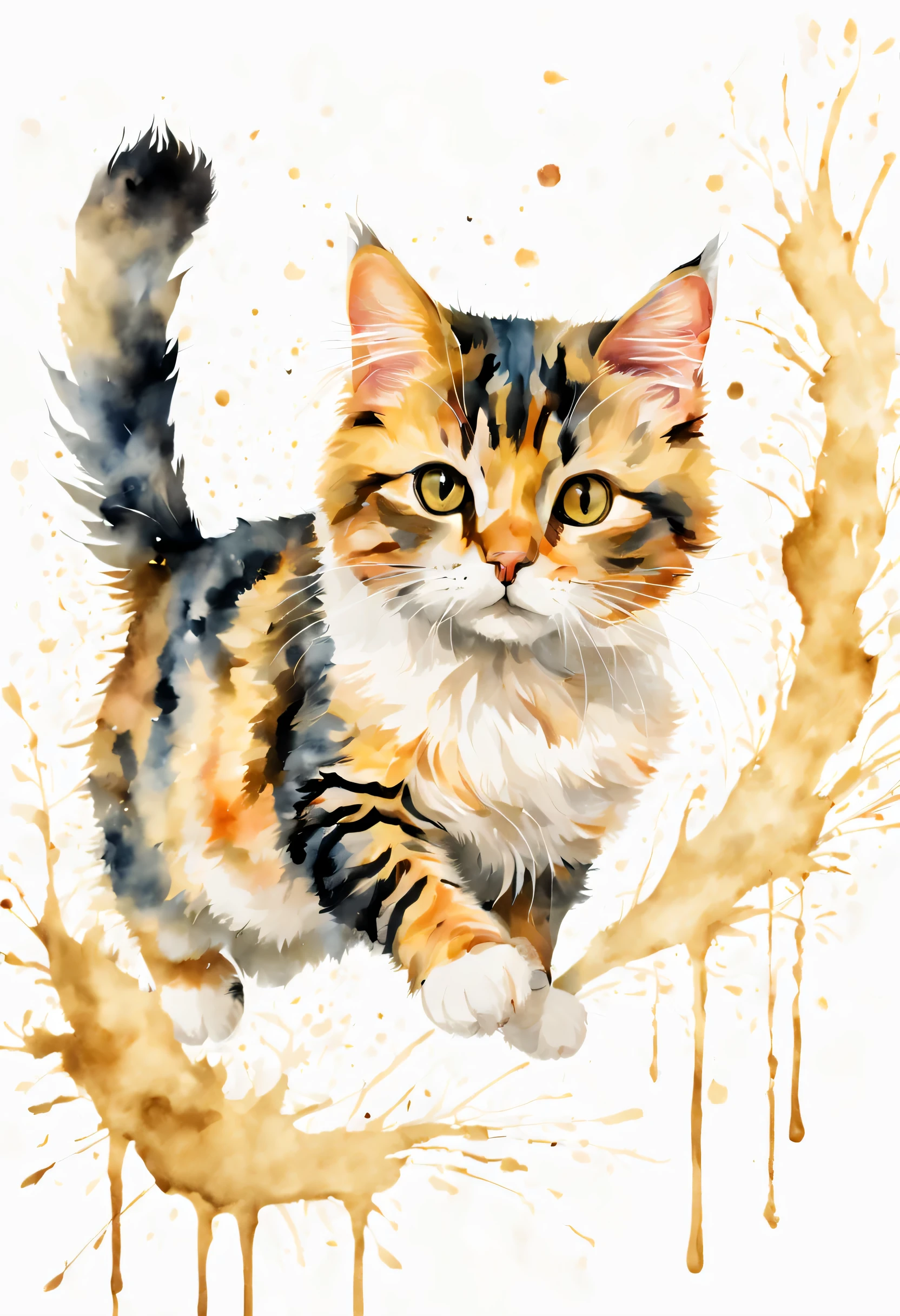 白い背景のwatercolor paintingの猫の絵,A calico cat,cute,jump,Mysterious,watercolor painting、Splash technique to reproduce wet conditions、Blurry atmosphere、Unique composition、Abstract representation、Contains elements of surrealism、Pale tones、pale and golden color scheme,、High resolution details、Ink splash effect、