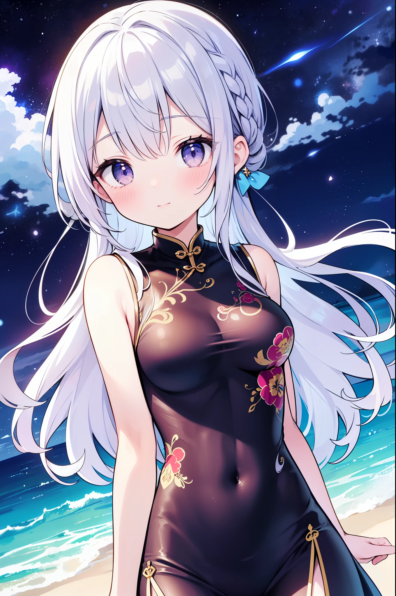 (masterpiece)、(highest quality)、((Super detailed))、(super delicate)、cute、Pastel colors hair、beautiful breasts、Gorgeous、fantastic sea of stars、Golden, silver and purple cheongsam