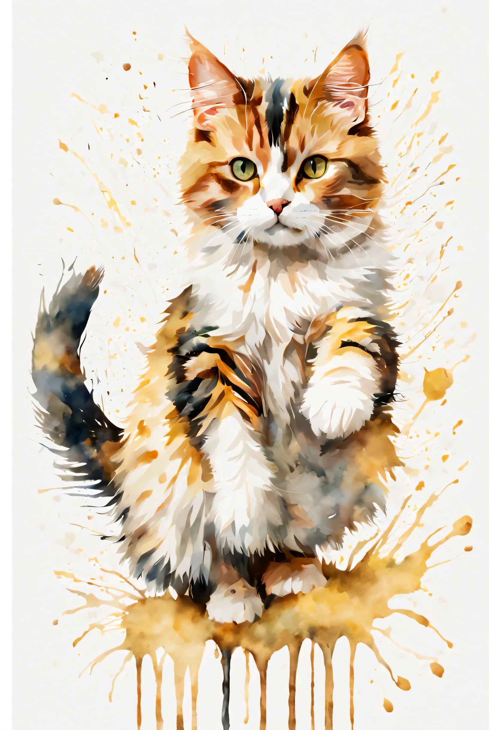 白い背景のwatercolor paintingの猫の絵,A calico cat,cute,jump,Mysterious,watercolor painting、Splash technique to reproduce wet conditions、Blurry atmosphere、Unique composition、Abstract representation、Contains elements of surrealism、Pale tones、pale and golden color scheme,、High resolution details、Ink splash effect、