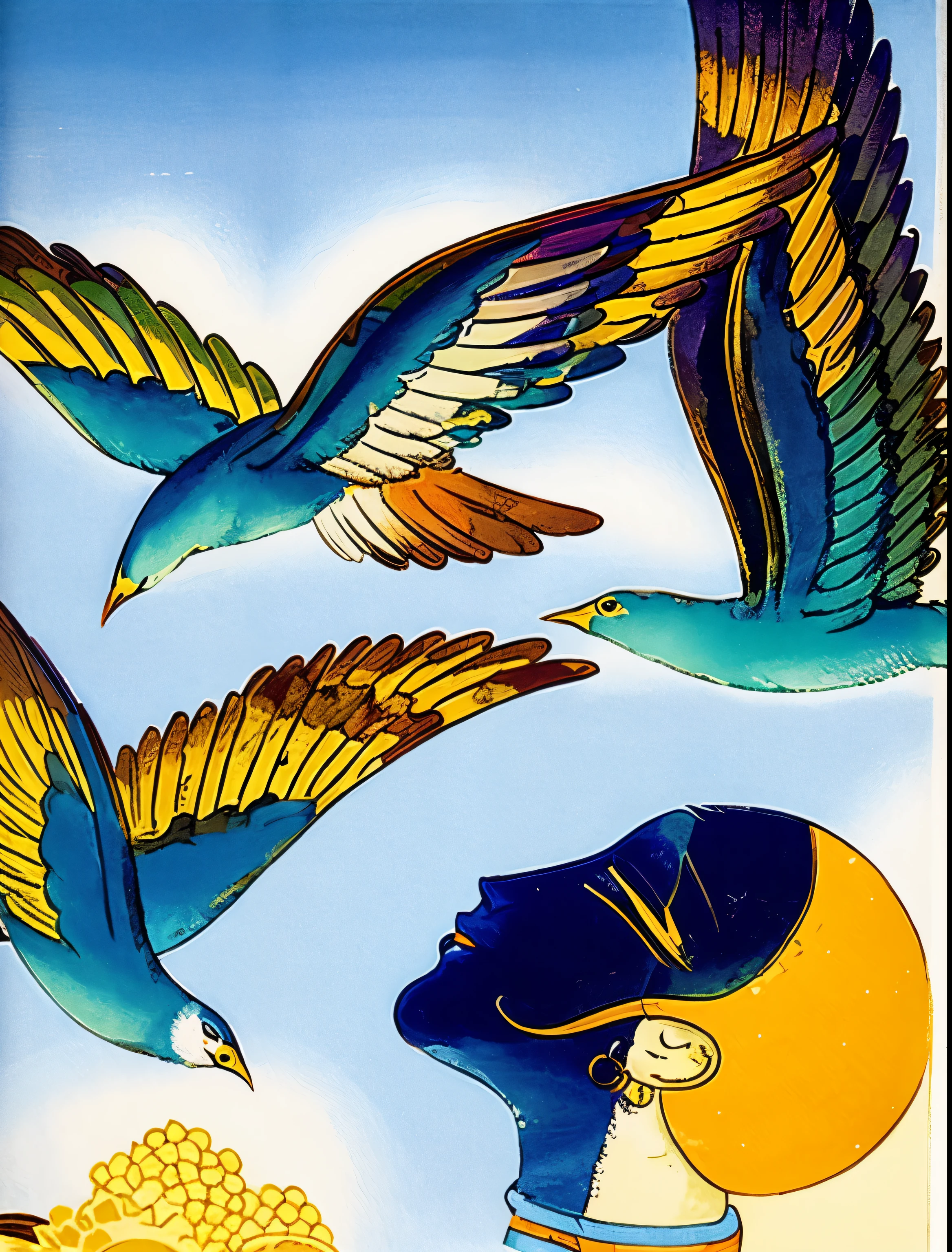 there are three birds flying over a woman with a bowl of food, art deco illustration, by Wilhelm Sasnal, by Herbert Bayer, marc davis, by Ikuo Hirayama, vintage magazine illustration, by Diane Dillon, by Leo and Diane Dillon, vintage illustration, inspired by Agnes Lawrence Pelton, by Vladimir Tatlin, marc davis artwork, by Francesco Clemente