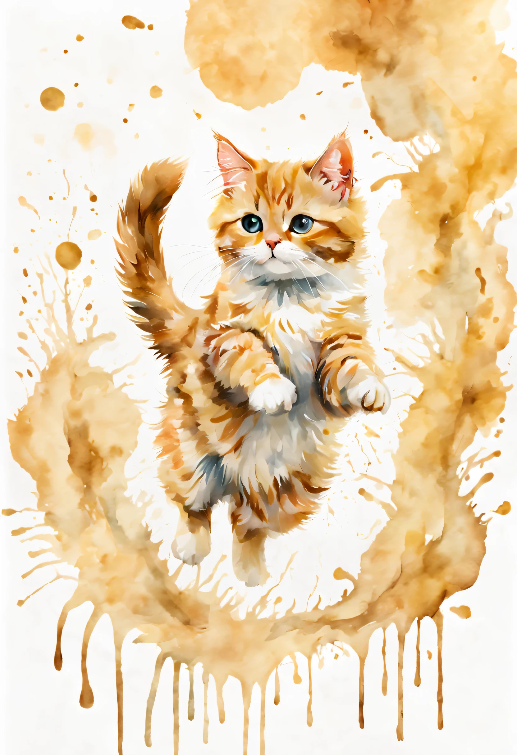 白い背景のwatercolor paintingの猫の絵,cute,jump,Mysterious,watercolor painting、Splash technique to reproduce wet conditions、Blurry atmosphere、Unique composition、Abstract representation、Contains elements of surrealism、Pale tones、pale and golden color scheme,、High resolution details、Ink splash effect、