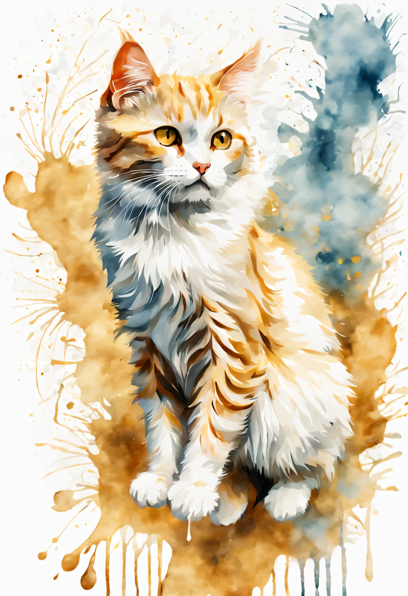 白い背景のwatercolor paintingの猫の絵,cute,jump,Mysterious,watercolor painting、Splash technique to reproduce wet conditions、Blurry atmosphere、Unique composition、Abstract representation、Contains elements of surrealism、Pale tones、pale and golden color scheme,、High resolution details、Ink splash effect、