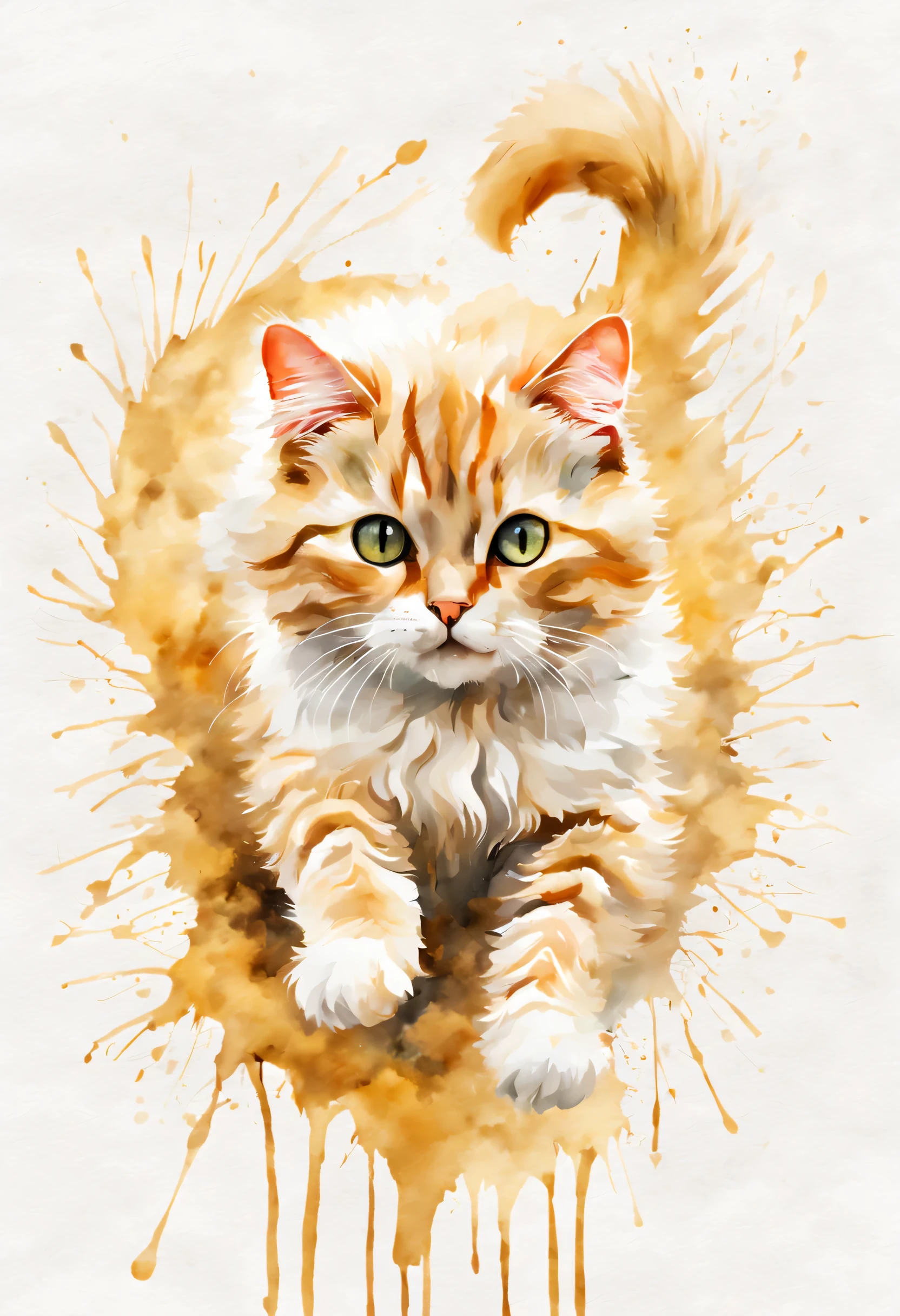 白い背景のwatercolor paintingの猫の絵,cute,jump,Mysterious,watercolor painting、Splash technique to reproduce wet conditions、Blurry atmosphere、Unique composition、Abstract representation、Contains elements of surrealism、Pale tones、pale and golden color scheme,、High resolution details、Ink splash effect、