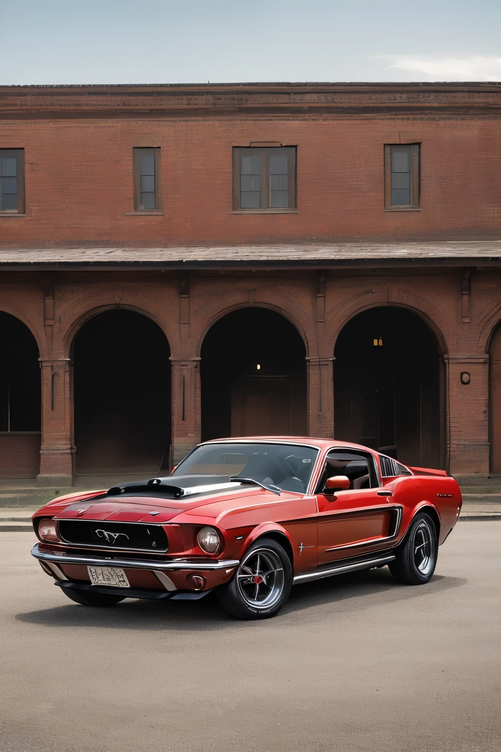 ((Classic Red Mustang, 4K resolution, Masterpiece, Sharp focus, 50mm lens, f/1.8, stunning, detailed automobile: 1.3)), Warsaw background, ((rustic brick buildings, old European architecture :1.2)), sunset lighting, (classic car emblem shining: 1.2), highly detailed engine texture: 1.2, intricate wheel design: 1.2, polished chrome exterior: 1.2, authentic leather seats: 1.2, shiny metallic surfaces: 1.2, engine exhaust fumes: 1.1, vintage dashboard: 1.1, classic hood ornament