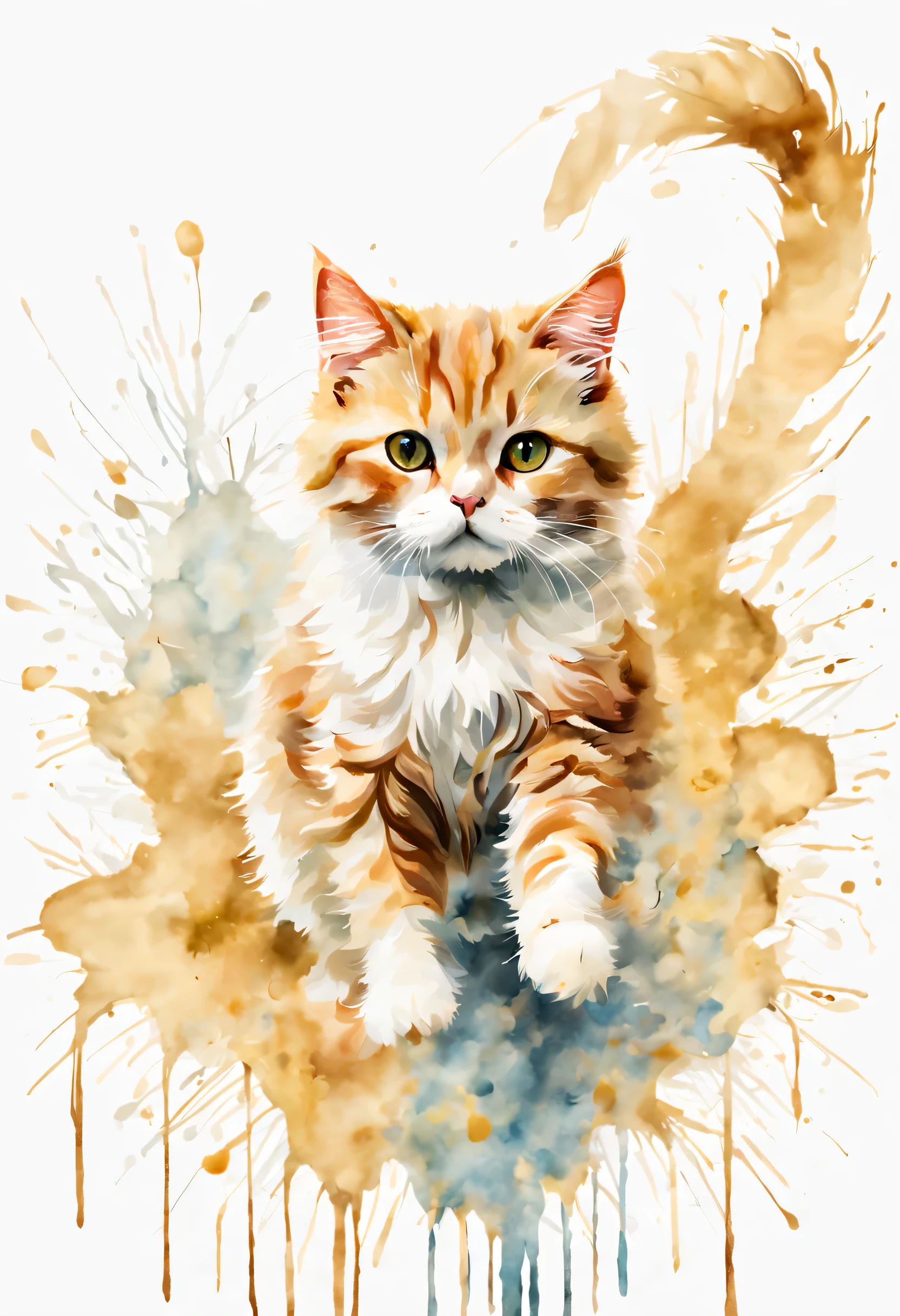 白い背景のwatercolor paintingの猫の絵,cute,jump,Mysterious,watercolor painting、Splash technique to reproduce wet conditions、Blurry atmosphere、Unique composition、Abstract representation、Contains elements of surrealism、Pale tones、pale and golden color scheme,、High resolution details、Ink splash effect、