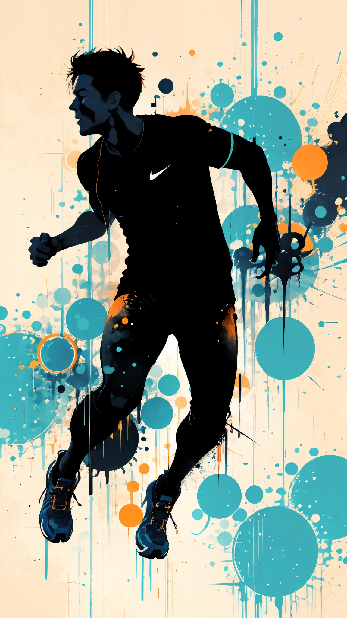 Silhouette of a running man:dynamic pose:profile,Ink splash,Bold colors,dynamically,colorful,An abstract painting that looks like a person if you look closely,works of art,mysterious,design