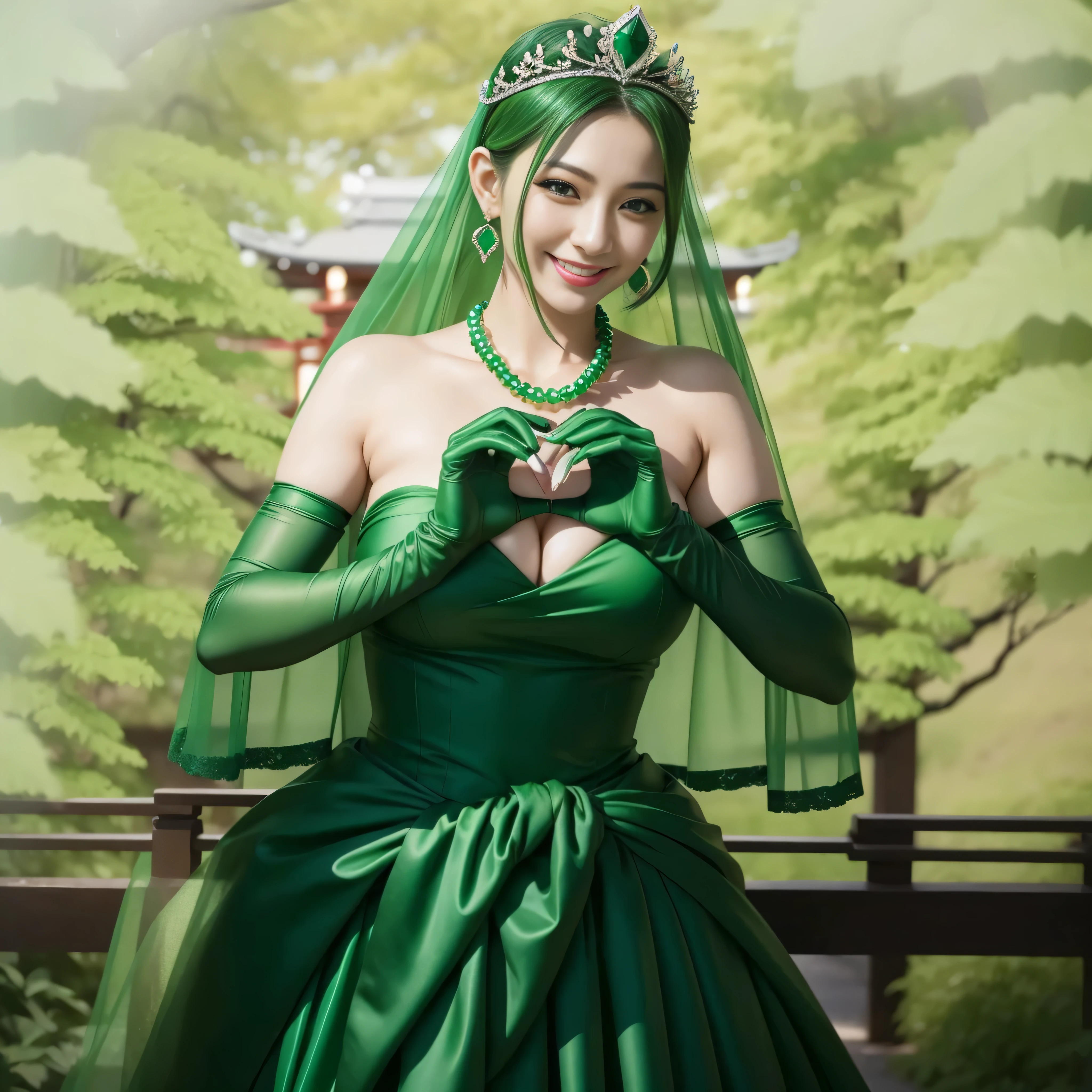 emerald tiara, green pearl necklace, ボーイッシュな非常に短いgreen hair, lipstick, smiling Japanese woman, very short hair, Beauty with large breasts, green eyes, Long Green Satin Gloves, green eyes, emerald earrings, green veil, heart with both hands, green hair, Beautiful Japan woman in her 30s, heart shaped hand:1.3