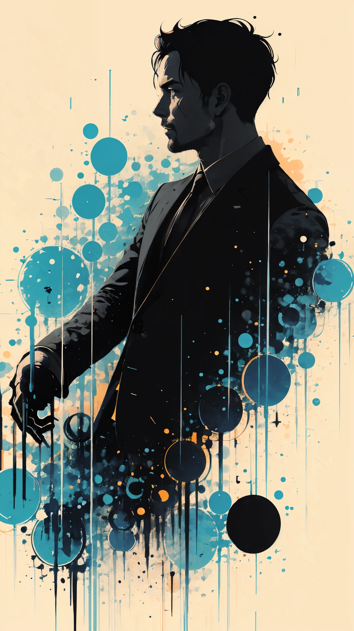 Silhouette of a posed gentleman:dynamic pose:profile,Ink splash,Bold colors,dynamically,colorful,An abstract painting that looks like a person if you look closely,works of art,mysterious,design