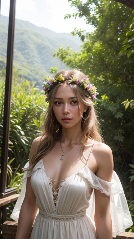 ((masterpiece)), RAW photo, (photo realistic:1.2), (extremely detailed), Montserratian woman, 38 years old, boho chic, flowy dress, flower crown, ethereal vibes, nature backdrop, free spirit, (hyperrealism:1.2), (photorealistic:1.2)