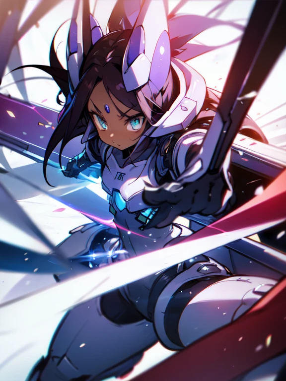 Masterpiece, best quality, highres, amazing quality, alita battle angel, flat chested, male, ,8  boy, shota, (Dark skin), cute, vibrant bright hazel eyes, very long dark brown hair, white mecha musume armour, white exosuit armour, black powersuit, android girl disgaea, (mecha eargear), white mecha armour leggings and white mecha gaunlets, no game no life Shuvi, 