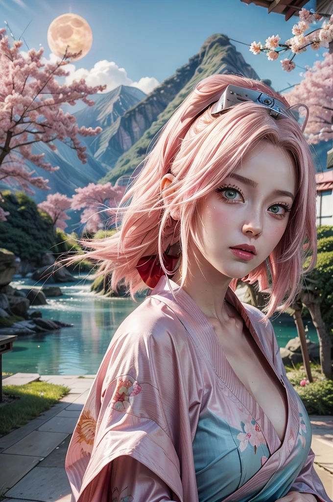 young woman, white skin, gathered bubblegum pink hair, wide forehead, pink eyebrows, large emerald green eyes, upturned nose, thick lips, heart-shaped face, multicolored Japanese kimono, cherry blossom, geisha style, wavy background painting and blue clouds and mountains sky background,Full moon, High detail, sharp focus, Sakura Haruno, realistic, realism, 3d