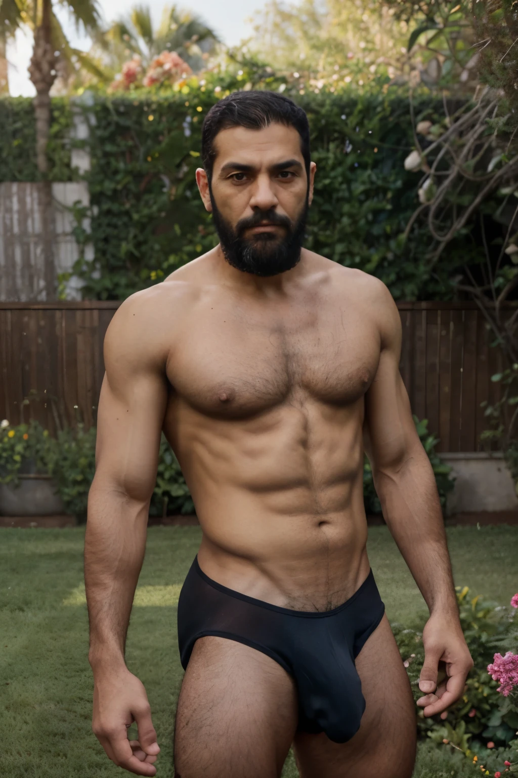 a latin man, ugly face, very ugly face, beard, straight short gray hair, light brown skin, 50 years old, on garden, shirtless, full black color male briefs boxer underwear full black color, tall, hairy body, alpha male, ugly face.