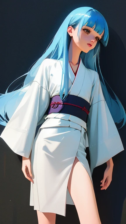 {{{{amazing quality, great quality, high quality, very aesthetic, aesthetic, best quality}}}}, 
realistic, photo, shadow, Three-dimensional, absurdres, Digital art, 
{{{{Magical girl}}}}, beautiful girl, one girl, 
light blue hair, long straight hair, hair, trimmed hair, shiny hair, blunt bangs, short sideburns, 
brown eyes, tareme, 
{{flat chest}}, {{small breasts}}, {{detailed body}}, slim thighs, thin thighs, white kimono, yellow kimono obi, skull-shaped hair ornament, 