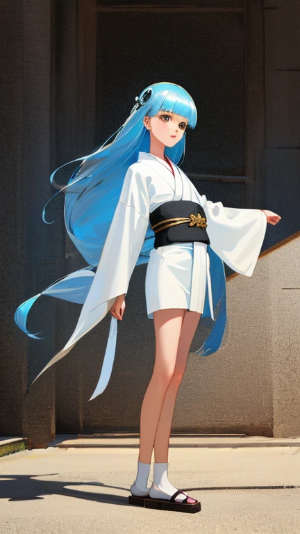 {{{{amazing quality, great quality, high quality, very aesthetic, aesthetic, best quality}}}},
realistic, photo, shadow, Three-dimensional, absurdres, Digital art,
{{{{Magical girl}}}}, beautiful girl, one girl,
light blue hair, long straight hair, hair, trimmed hair, shiny hair, blunt bangs, short sideburns,
brown eyes, tareme,
{{flat chest}}, {{small breasts}}, {{detailed body}}, slim thighs, thin thighs, white kimono, yellow kimono obi, skull-shaped hair ornament,
