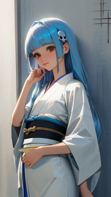 {{{{amazing quality, great quality, high quality, very aesthetic, aesthetic, best quality}}}},
realistic, photo, shadow, Three-dimensional, absurdres, Digital art,
{{{{Magical girl}}}}, beautiful girl, one girl,
light blue hair, long straight hair, hair, trimmed hair, shiny hair, blunt bangs, short sideburns,
brown eyes, tareme,
{{flat chest}}, {{small breasts}}, {{detailed body}}, slim thighs, thin thighs, white kimono, yellow kimono obi, skull-shaped hair ornament,